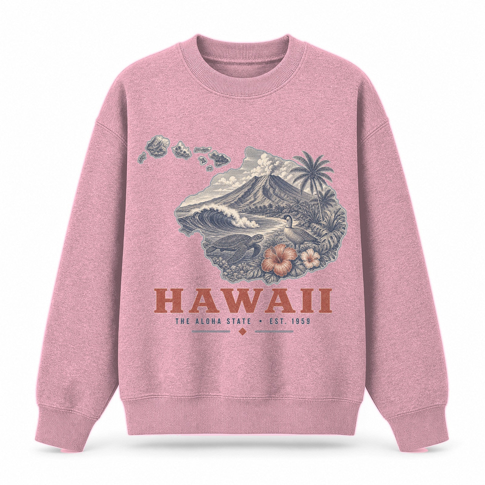 Vintage Hawaii State Graphic Crewneck Sweatshirt in Pink, front view on a white background