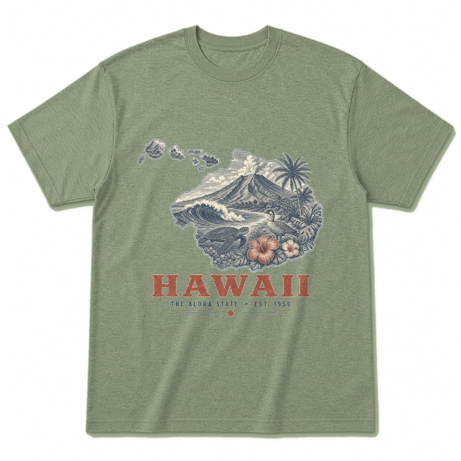 Vintage Hawaii State Graphic T-Shirt in Light Sage Green, front view on a white background