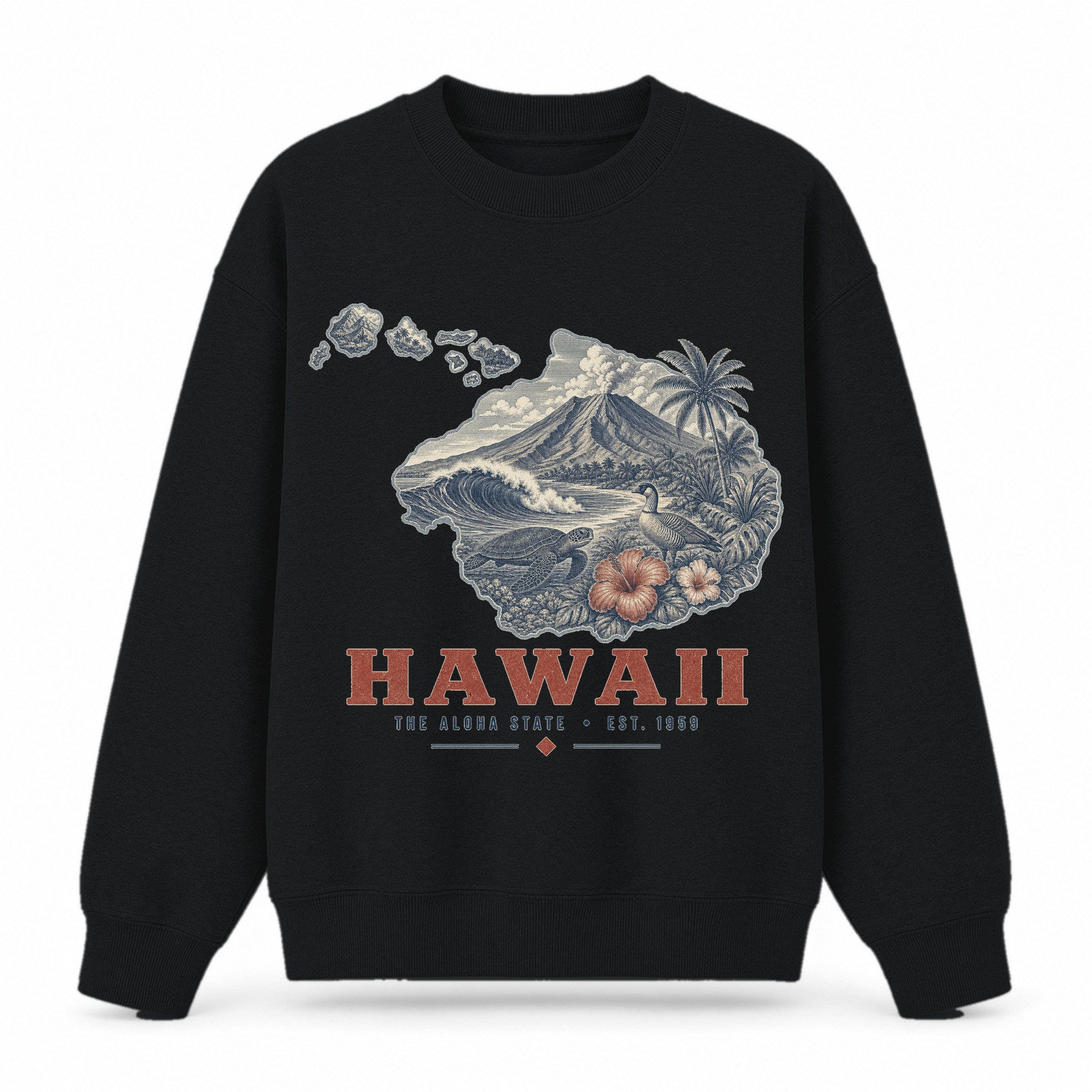 Vintage Hawaii State Graphic Crewneck Sweatshirt in Black, front view on a white background