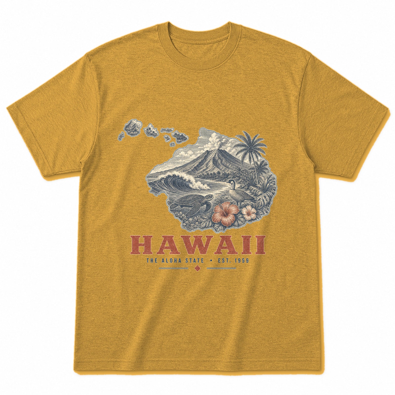 Vintage Hawaii State Graphic T-Shirt in Vintage Mustard Yellow, front view on a white background