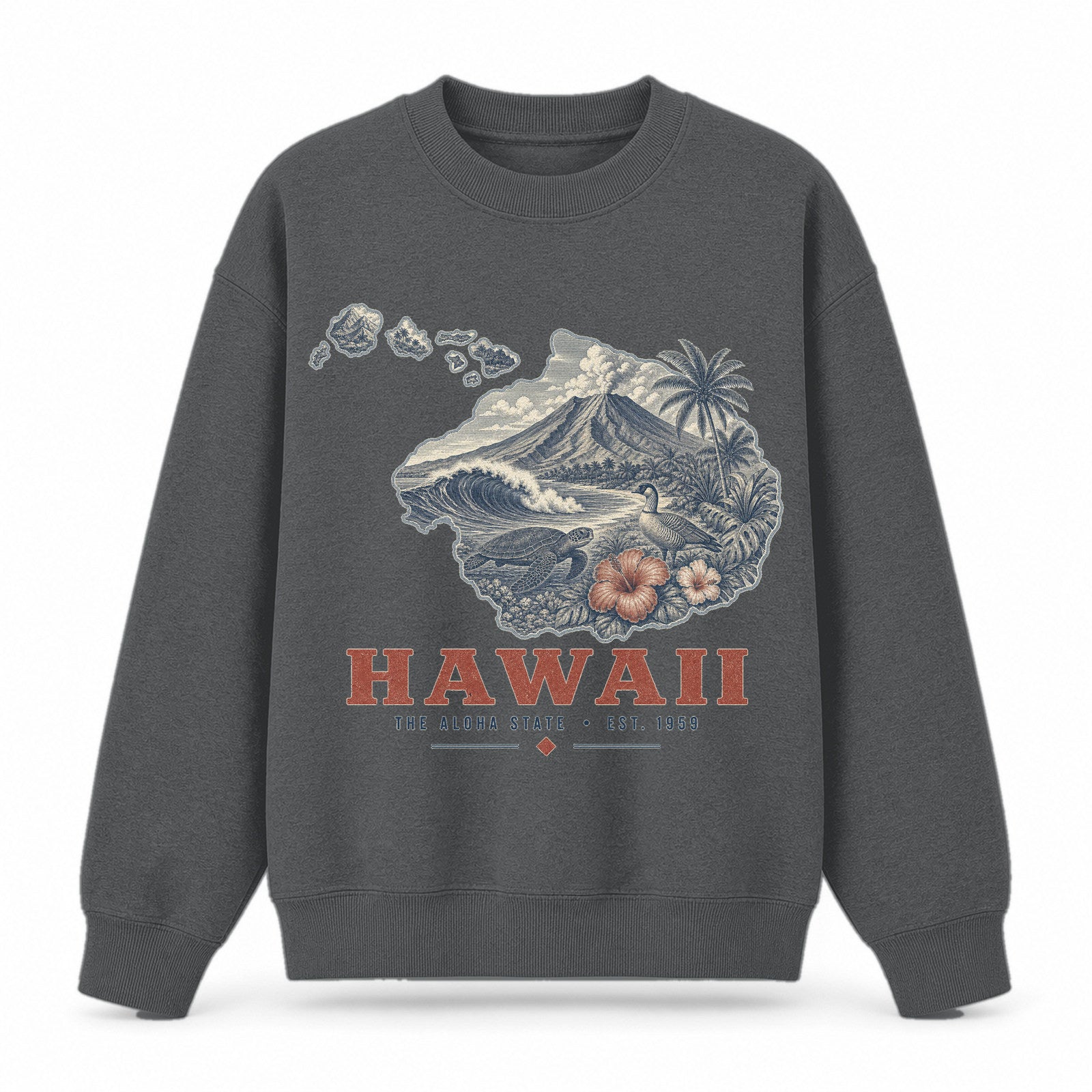Vintage Hawaii State Graphic Crewneck Sweatshirt in Dark Gray, front view on a white background