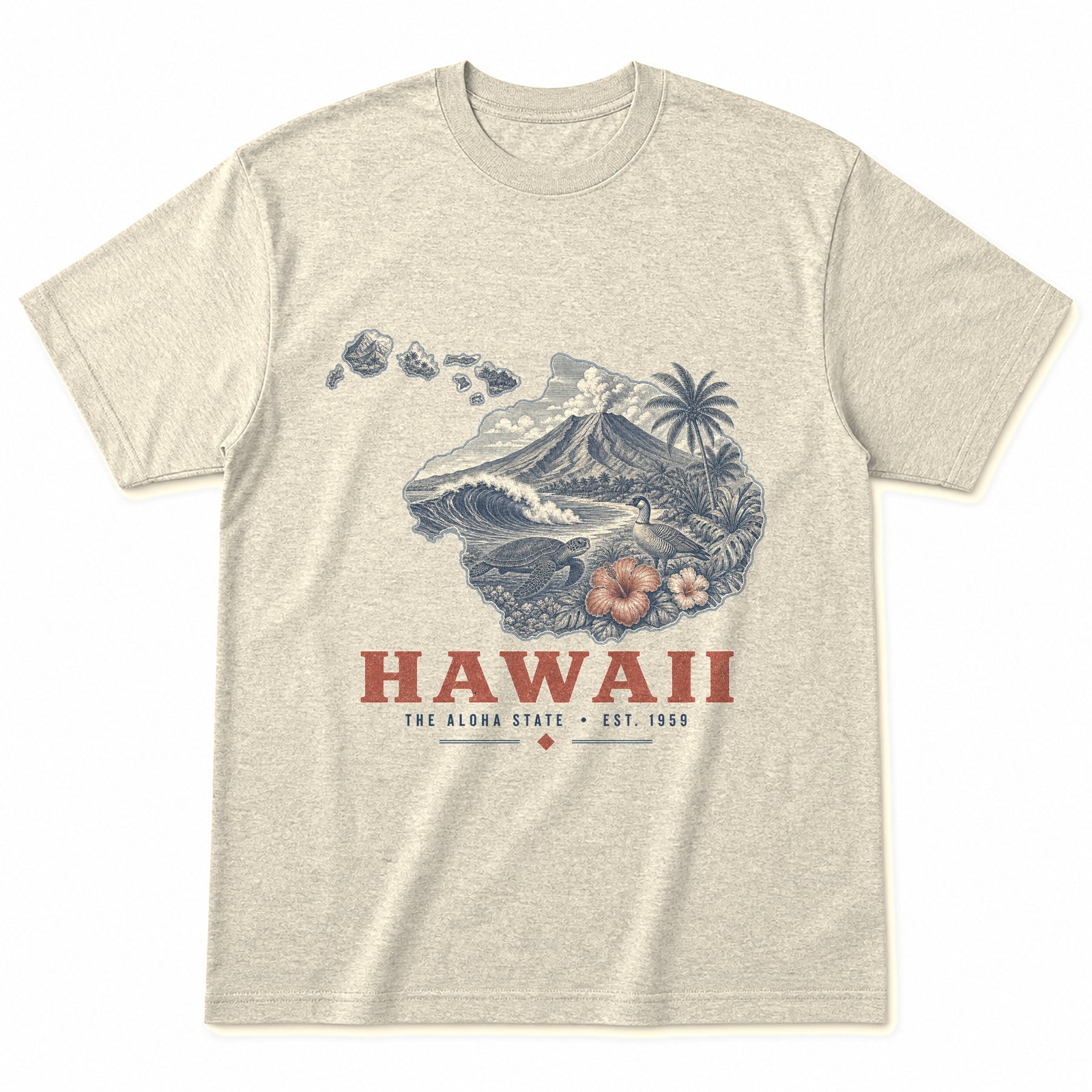 Vintage Hawaii State Graphic T-Shirt in Natural Cream, front view on a white background