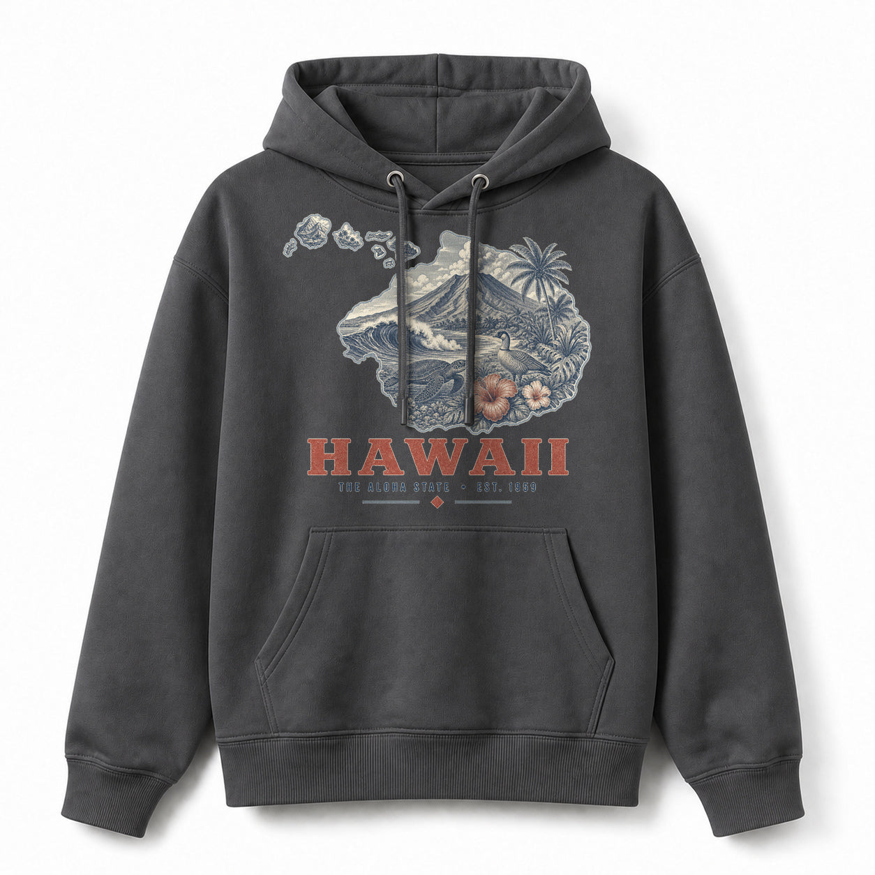 Vintage Hawaii State Graphic Pullover Hoodie in Dark Gray, front view on a white background