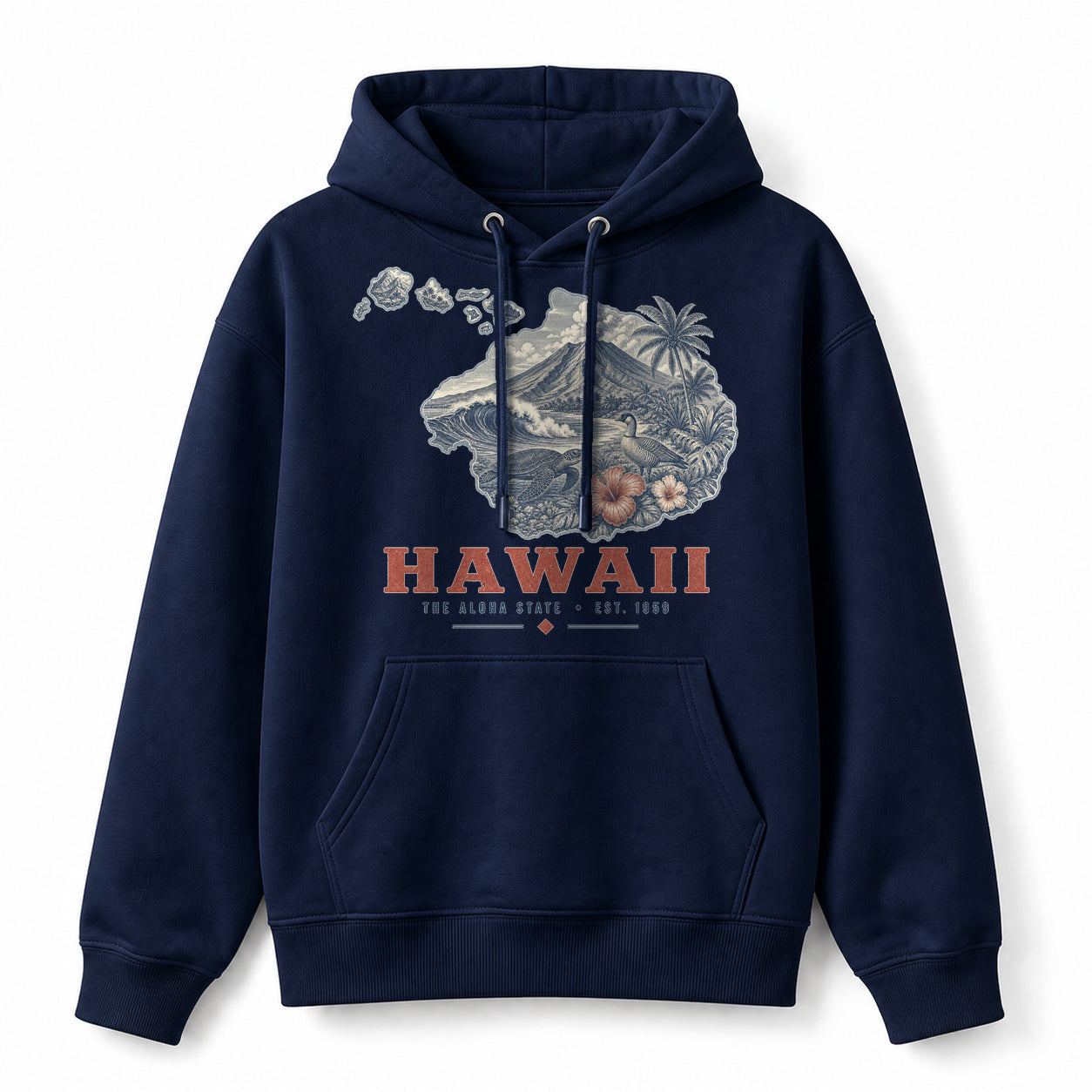 Vintage Hawaii State Graphic Pullover Hoodie in Navy, front view on a white background