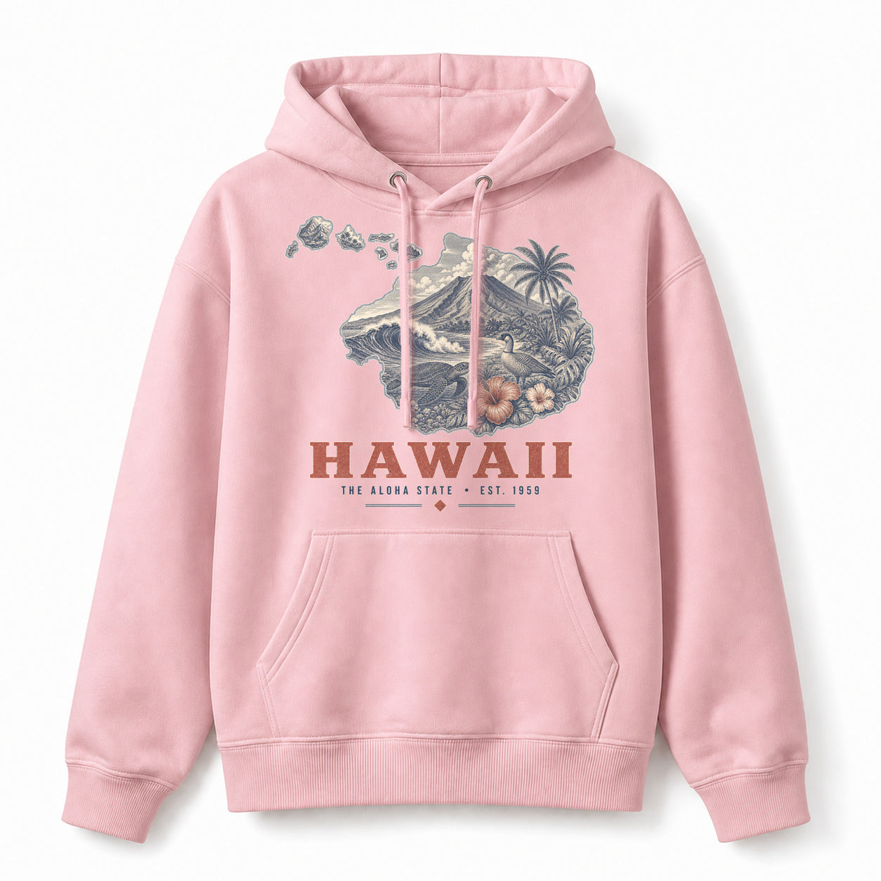 Vintage Hawaii State Graphic Pullover Hoodie in Light Pink, front view on a white background
