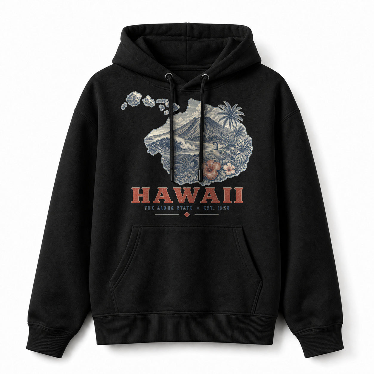 Vintage Hawaii State Graphic Pullover Hoodie in Black, front view on a white background