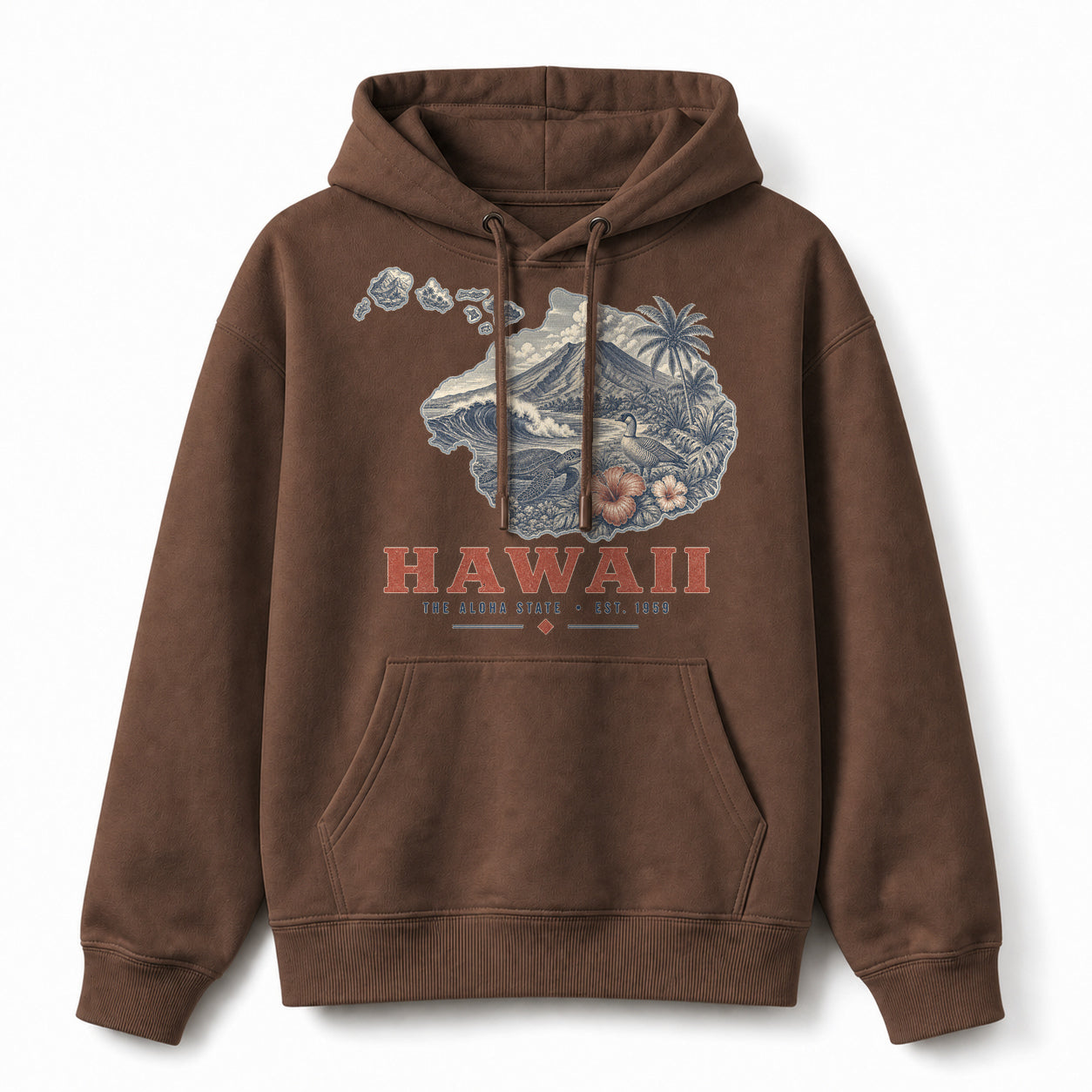 Vintage Hawaii State Graphic Pullover Hoodie in Coffee Brown, front view on a white background