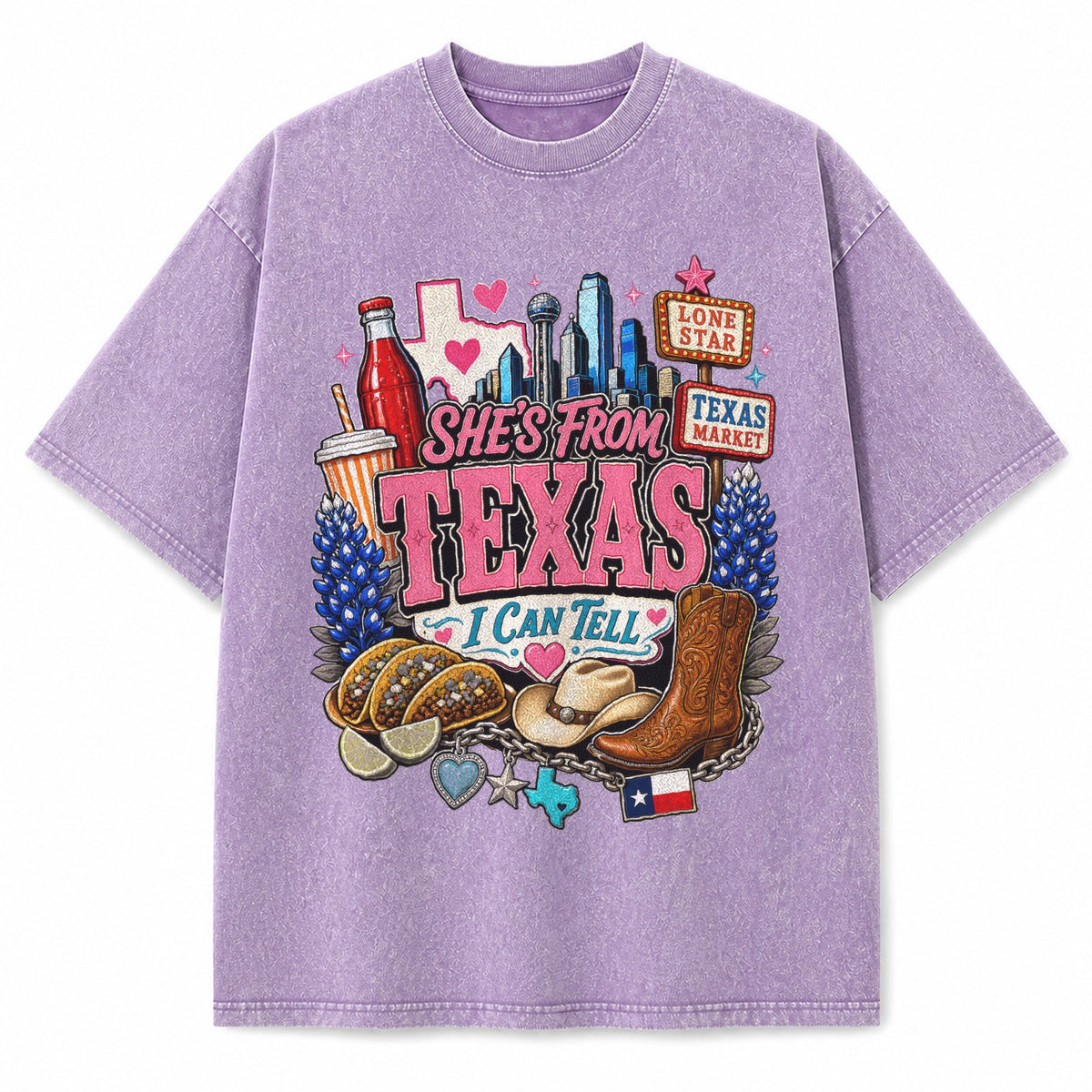 Vintage Washed Texas Dallas Collage Heavyweight Graphic Tee in Vintage Washed Heavyweight T-Shirt, Lavender
