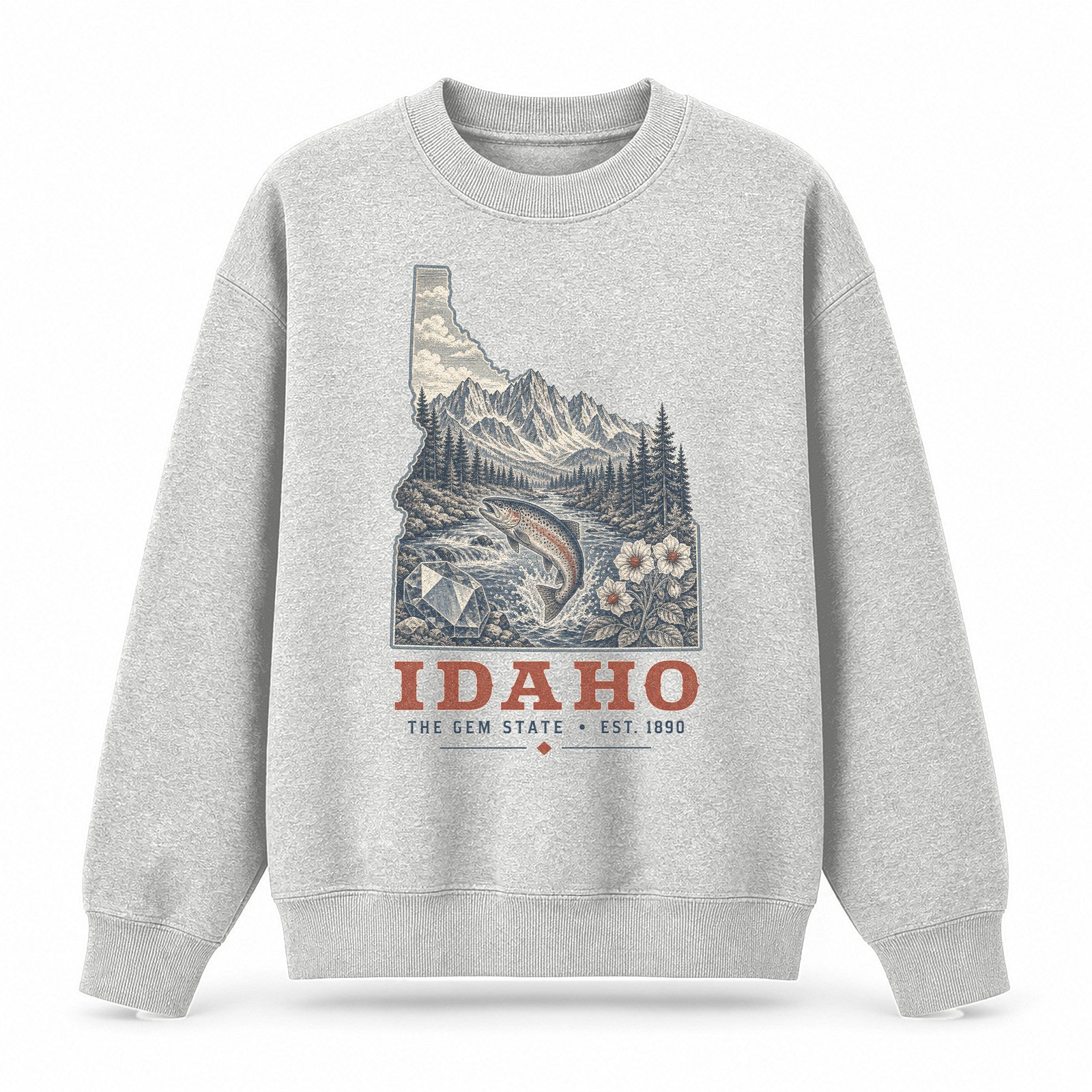 Vintage Idaho State Graphic Crewneck Sweatshirt in Light Gray, front view on a white background