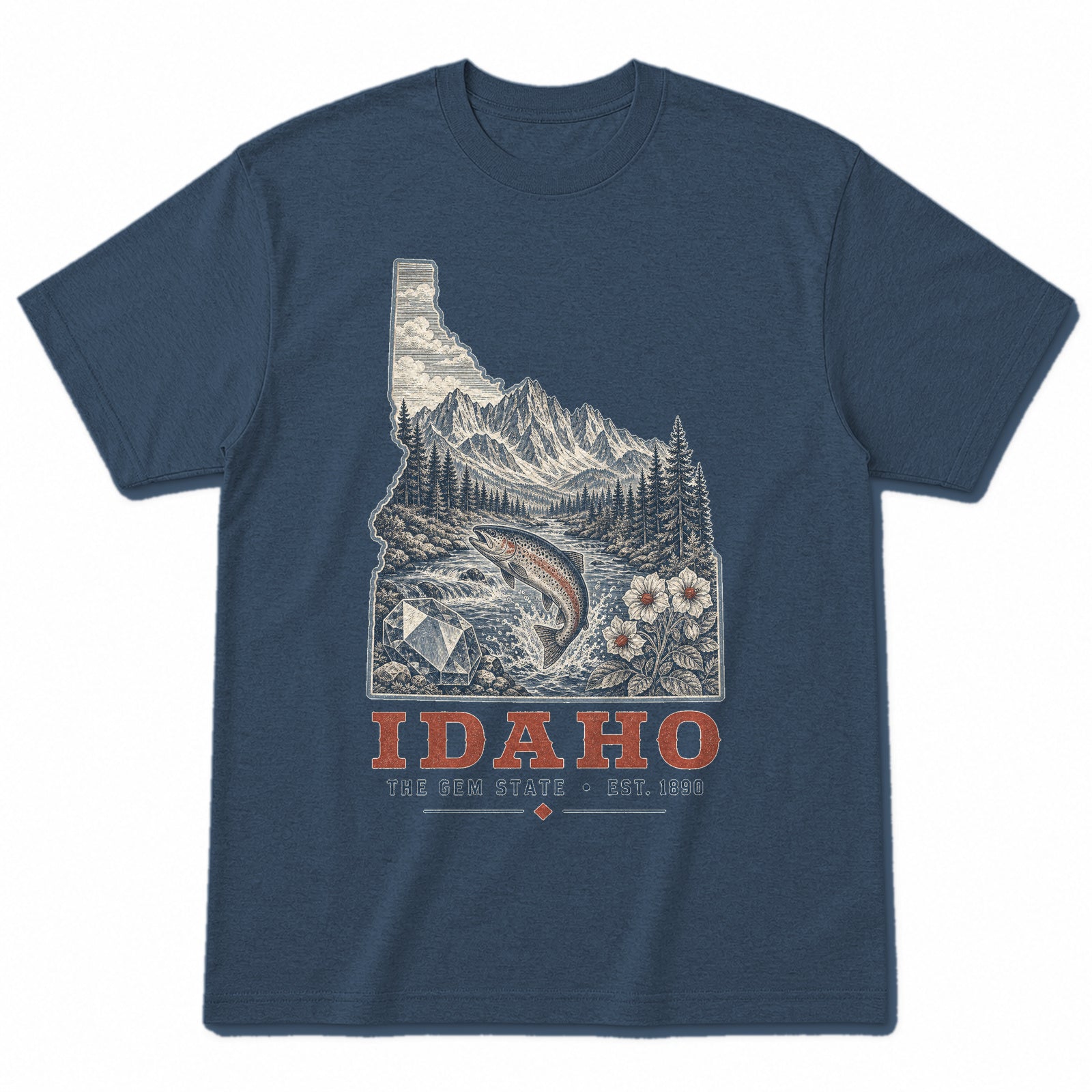 Vintage Idaho State Graphic T-Shirt in Washed Navy, front view on a white background