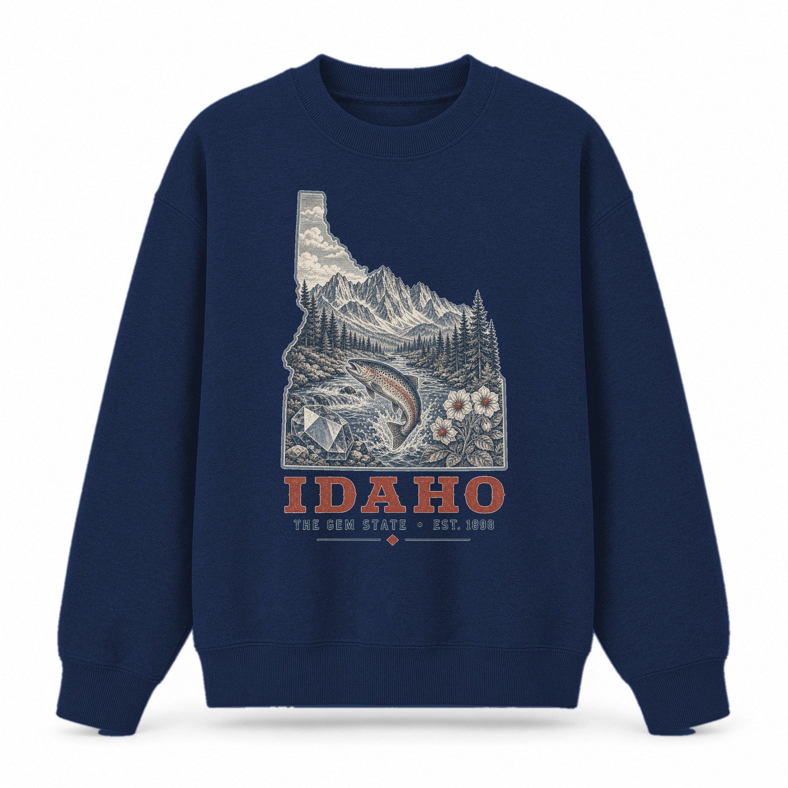 Vintage Idaho State Graphic Crewneck Sweatshirt in Navy, front view on a white background