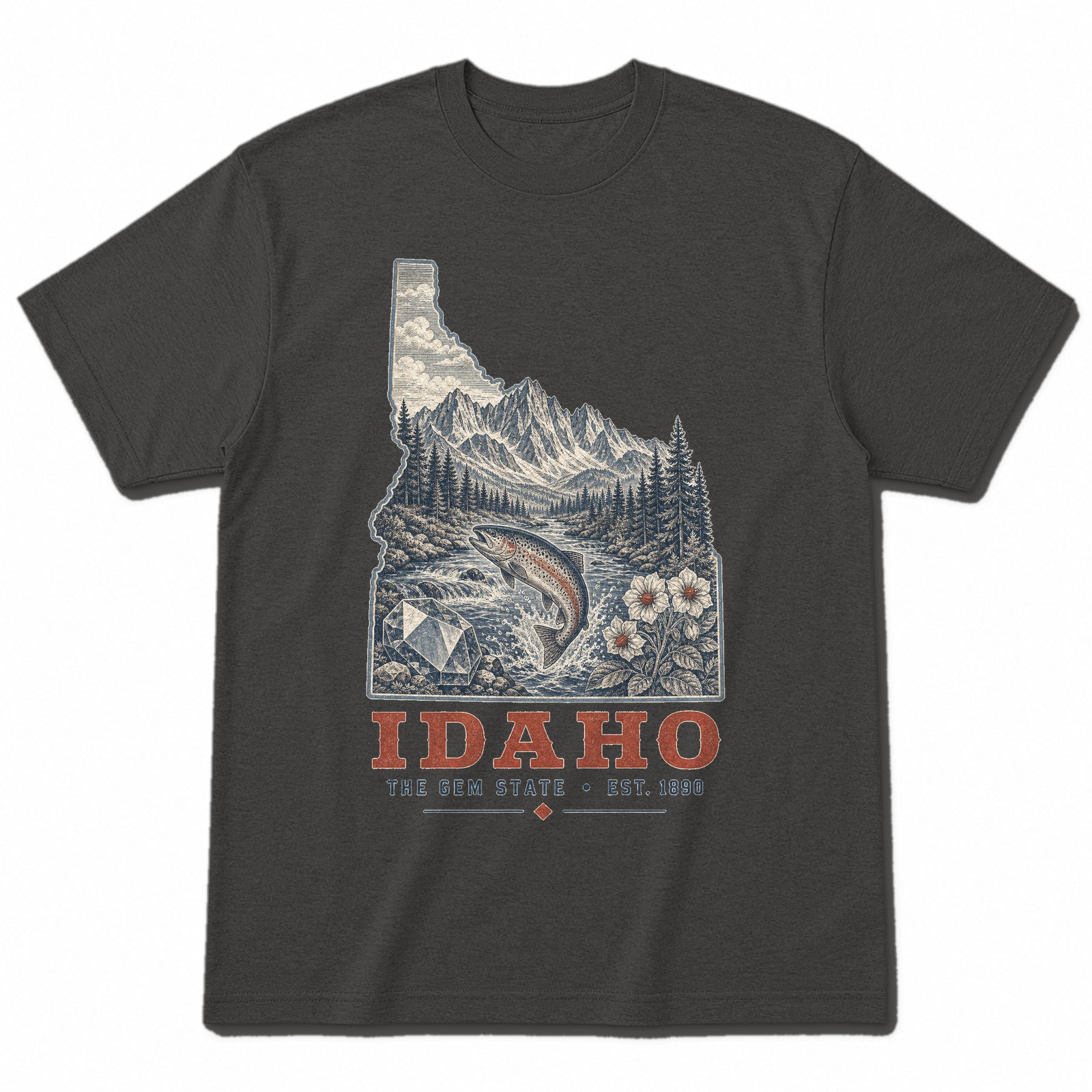 Vintage Idaho State Graphic T-Shirt in Vintage Charcoal, front view on a white background