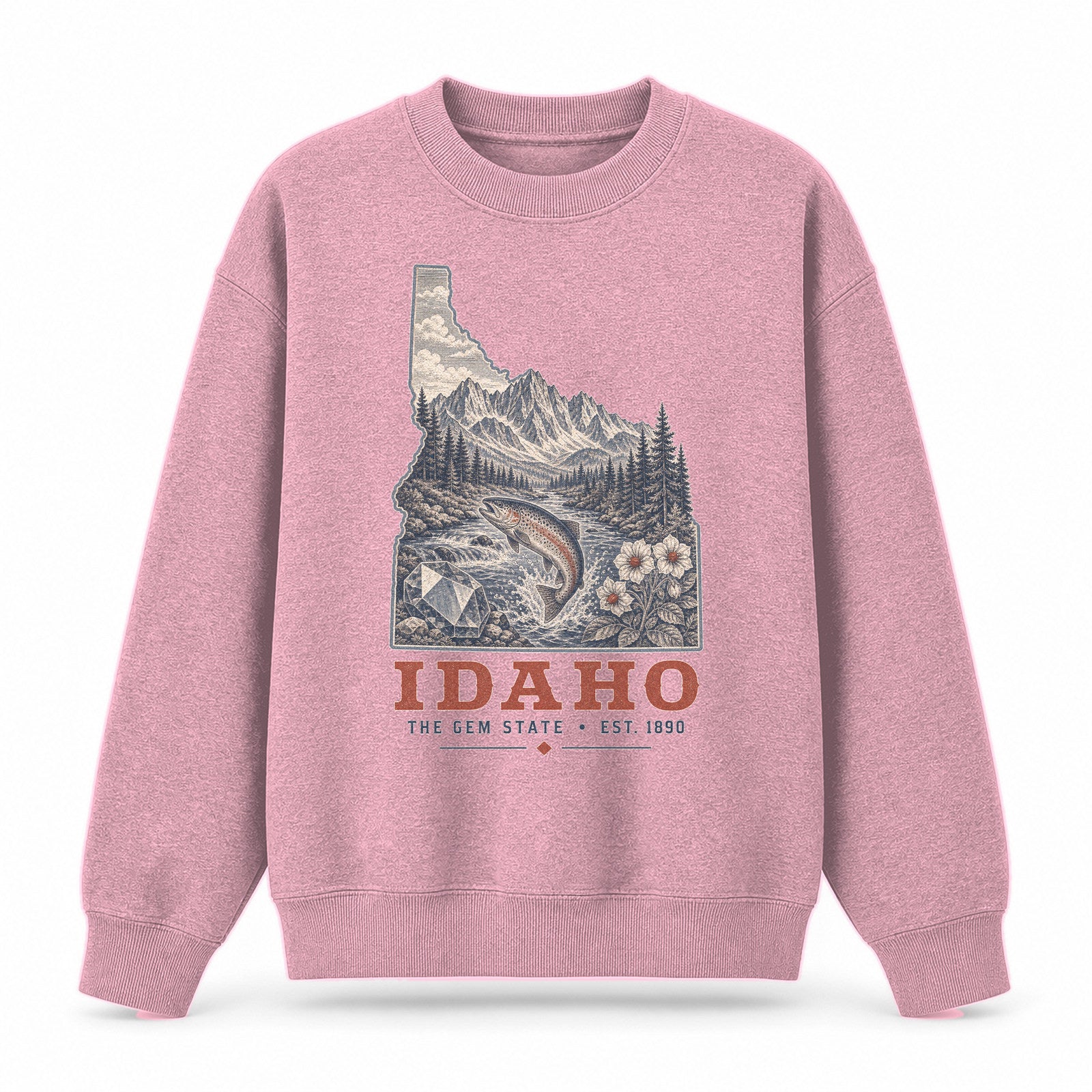 Vintage Idaho State Graphic Crewneck Sweatshirt in Pink, front view on a white background