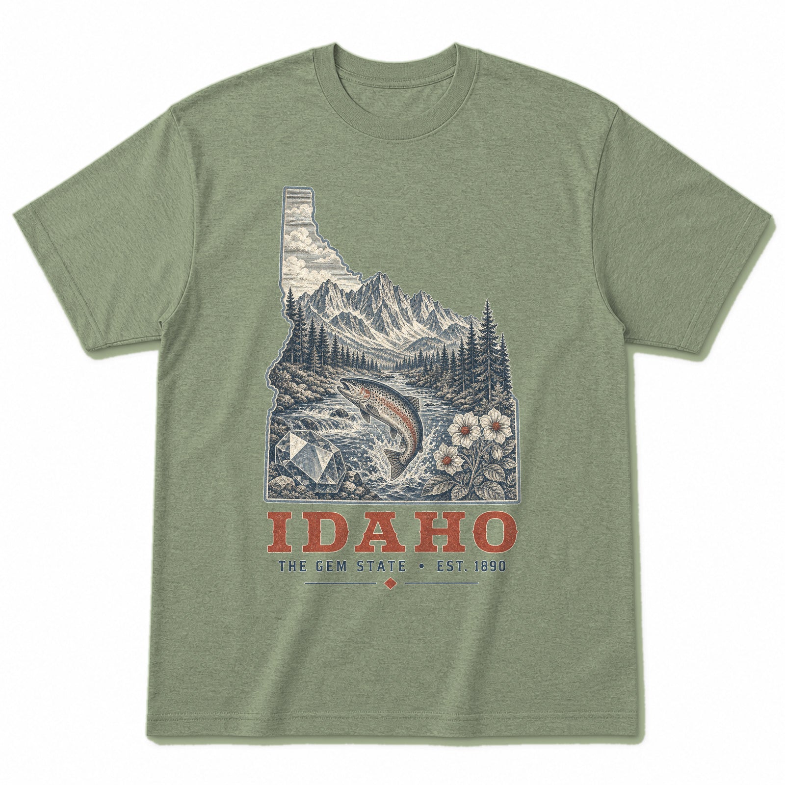 Vintage Idaho State Graphic T-Shirt in Light Sage Green, front view on a white background