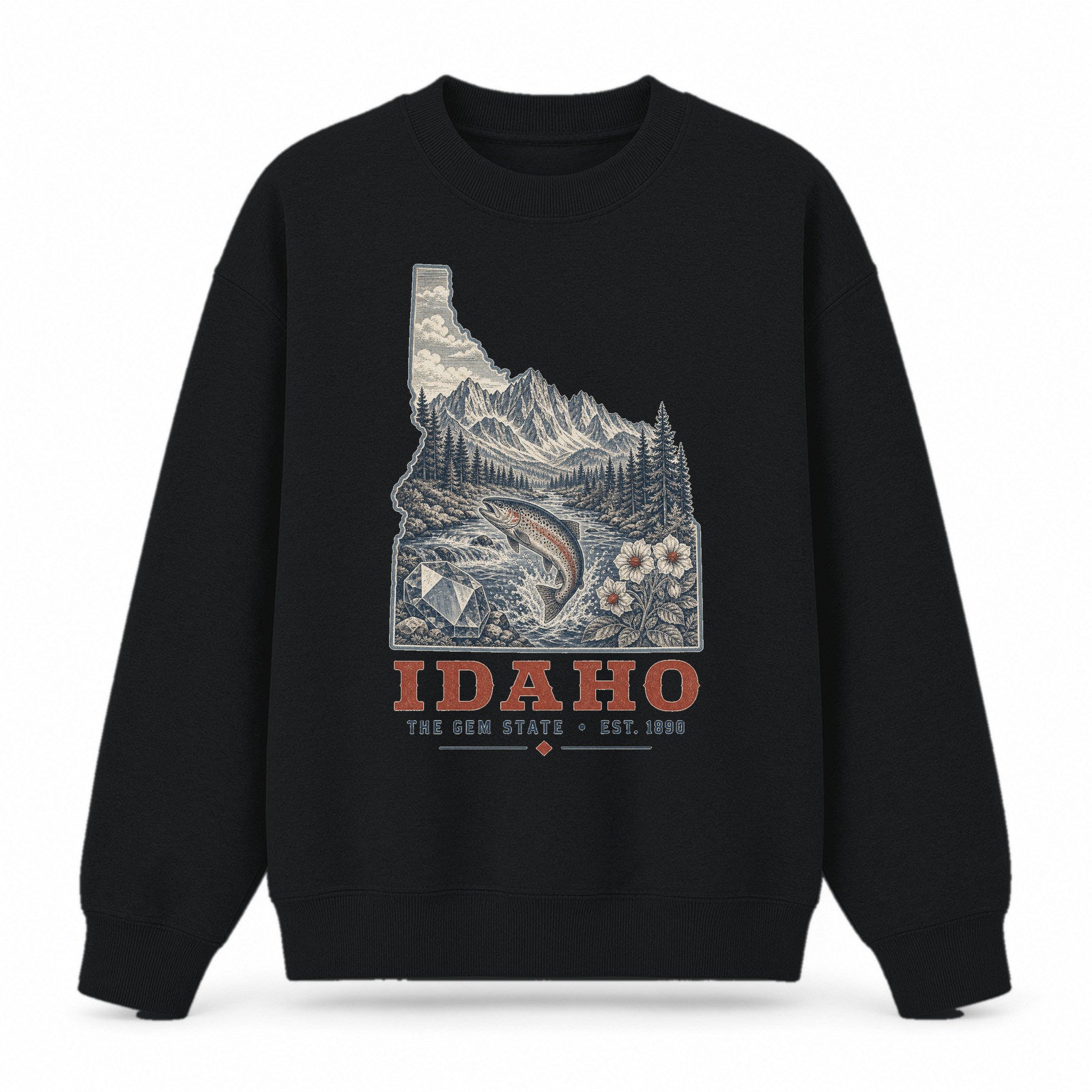 Vintage Idaho State Graphic Crewneck Sweatshirt in Black, front view on a white background