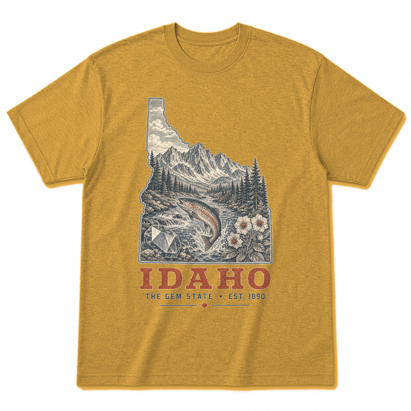 Vintage Idaho State Graphic T-Shirt in Vintage Mustard Yellow, front view on a white background