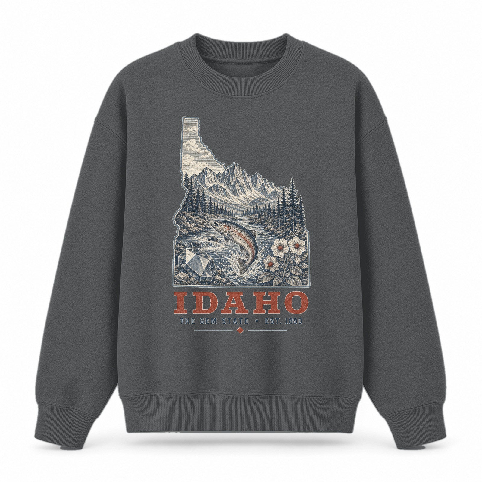 Vintage Idaho State Graphic Crewneck Sweatshirt in Dark Gray, front view on a white background