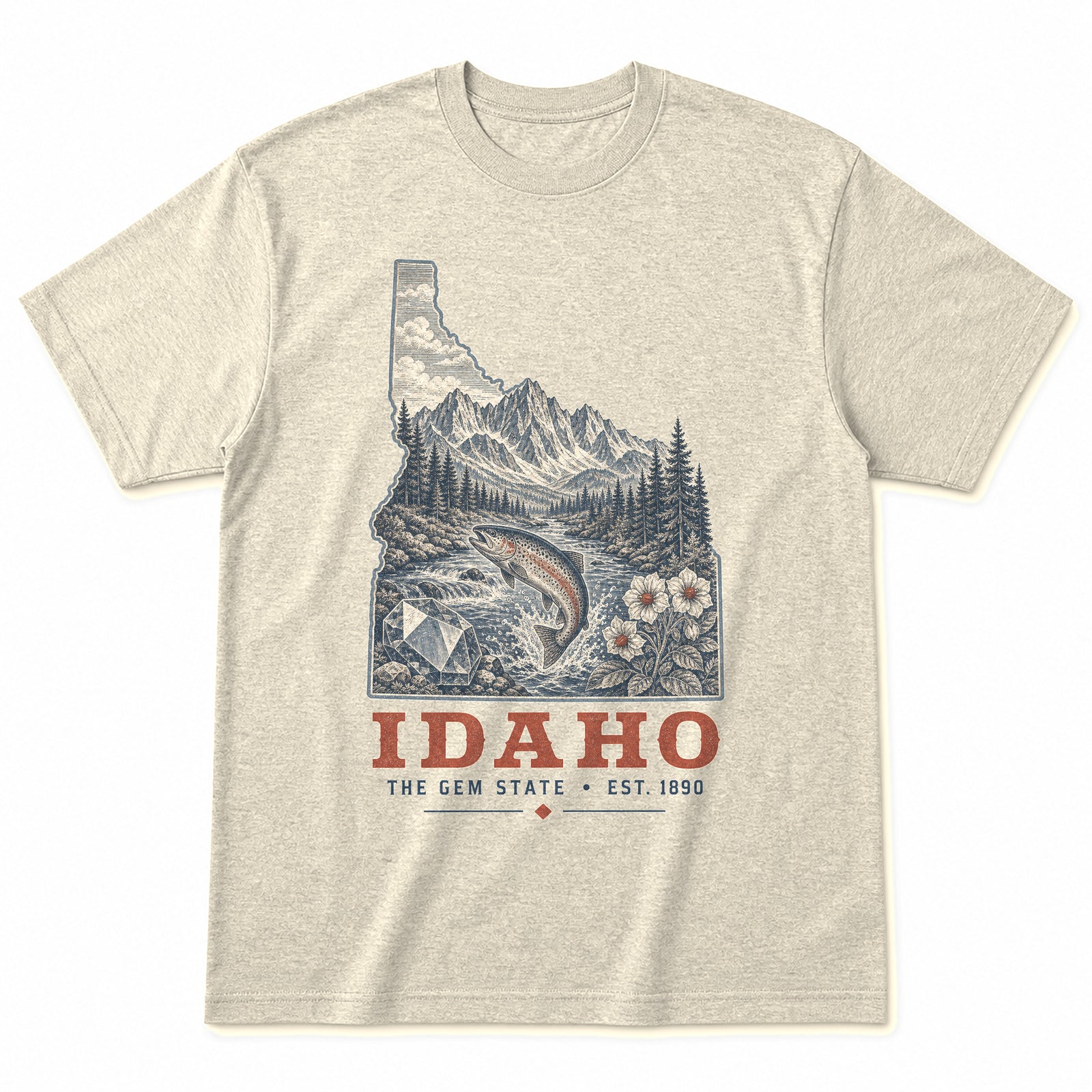 Vintage Idaho State Graphic T-Shirt in Natural Cream, front view on a white background
