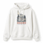 Vintage Idaho State Graphic Pullover Hoodie in White, front view on a white background