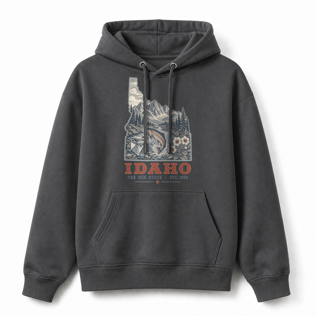 Vintage Idaho State Graphic Pullover Hoodie in Dark Gray, front view on a white background