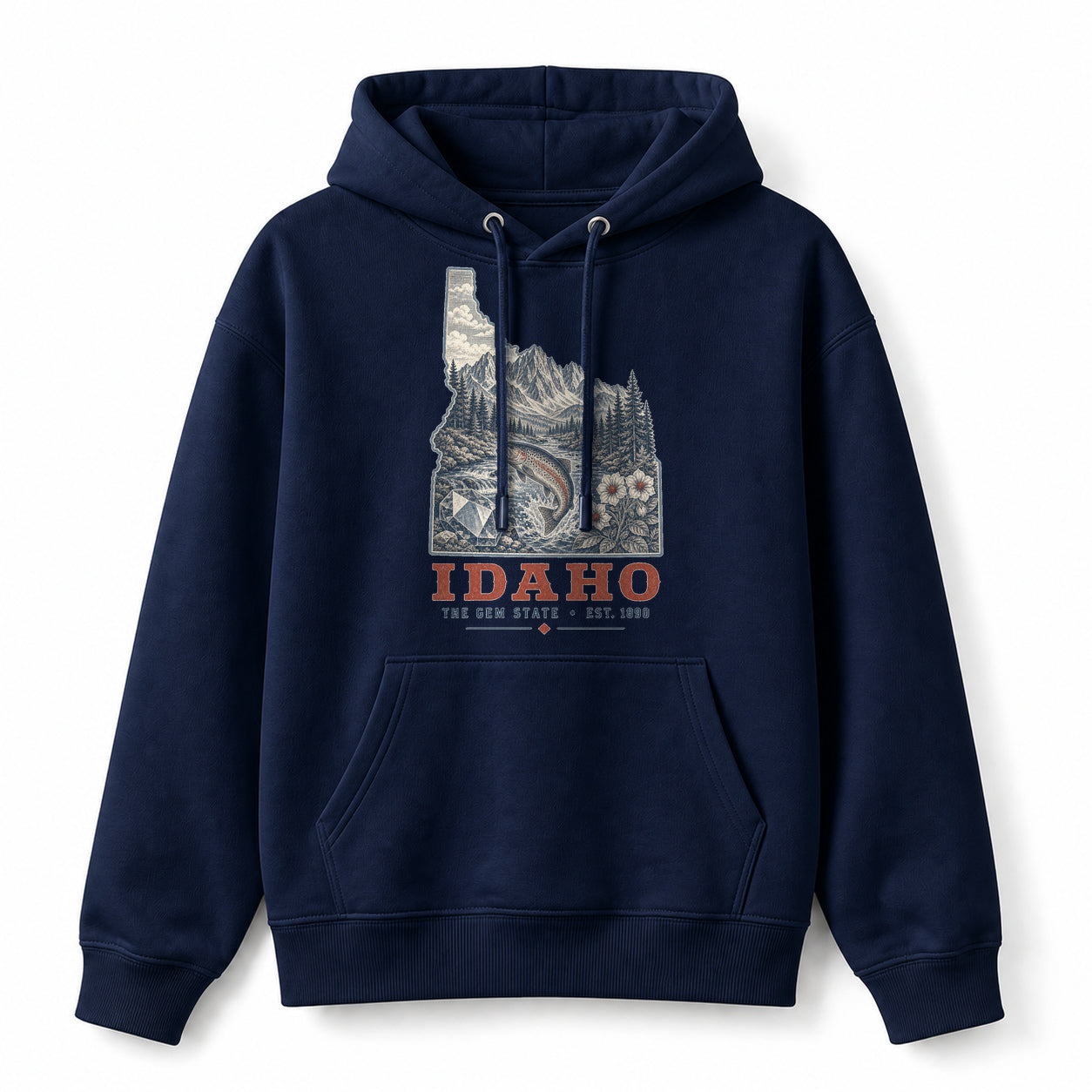 Vintage Idaho State Graphic Pullover Hoodie in Navy, front view on a white background