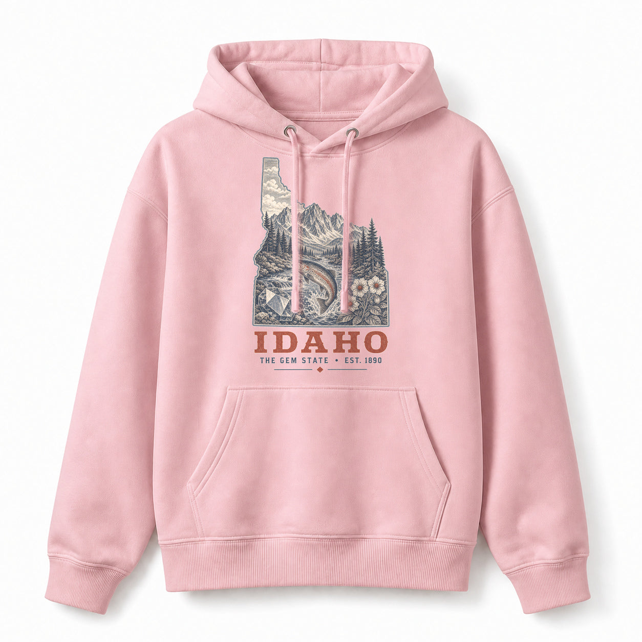 Vintage Idaho State Graphic Pullover Hoodie in Light Pink, front view on a white background