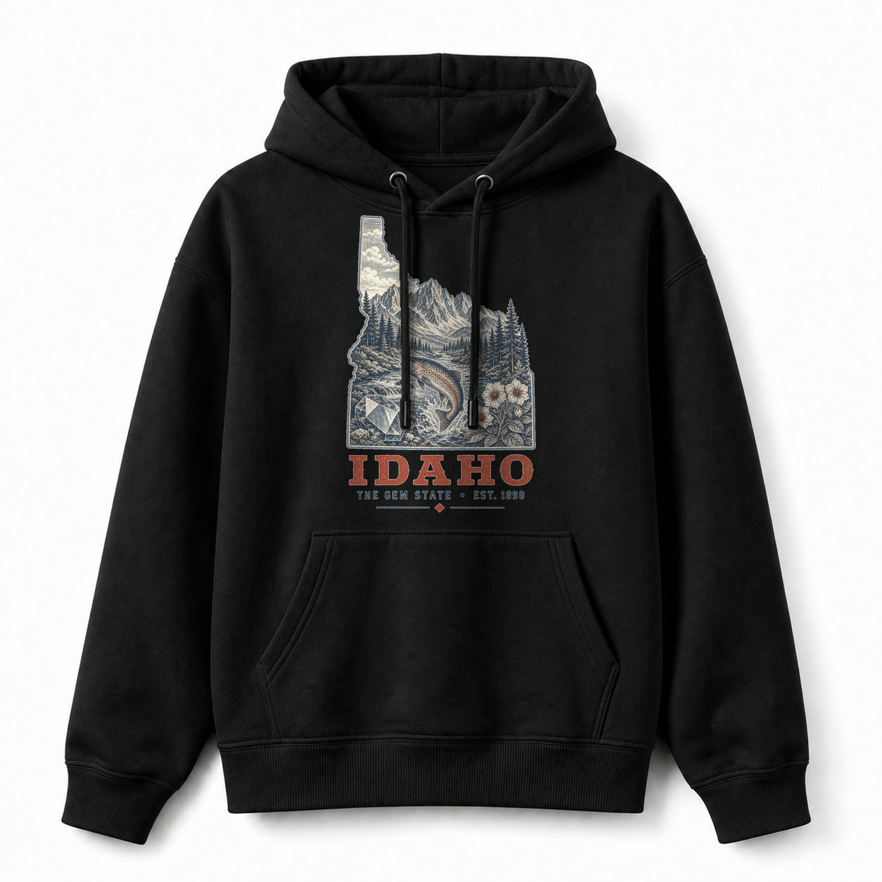 Vintage Idaho State Graphic Pullover Hoodie in Black, front view on a white background