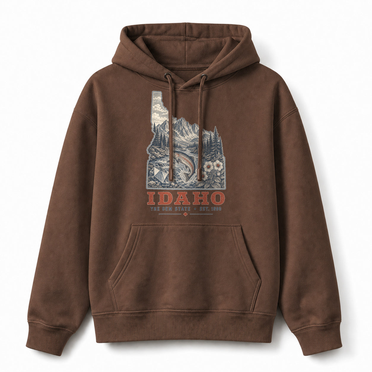 Vintage Idaho State Graphic Pullover Hoodie in Coffee Brown, front view on a white background