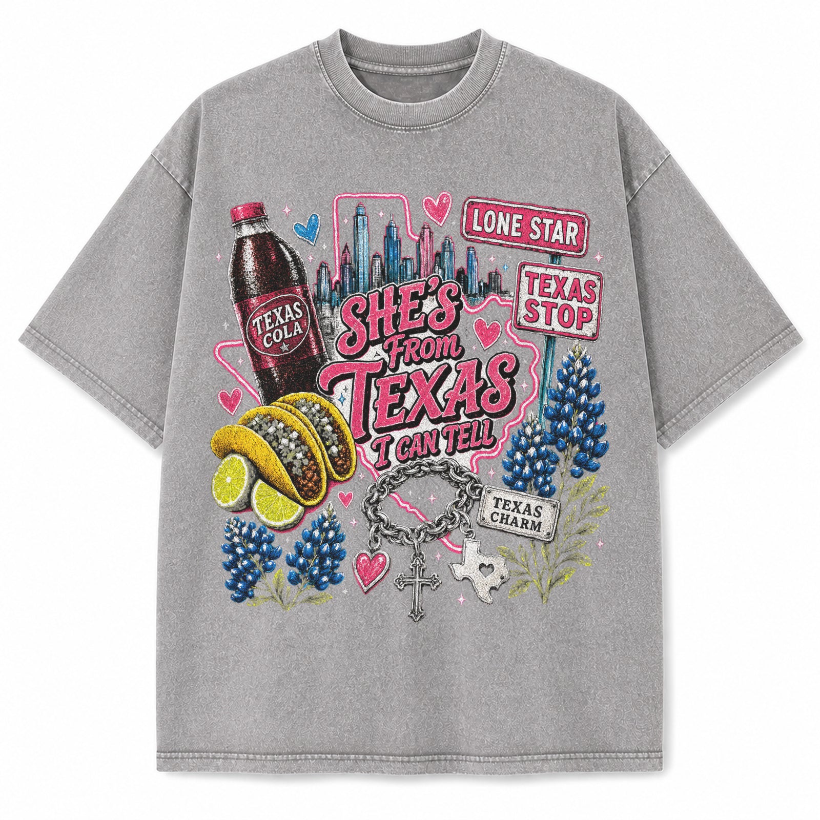 Texas Hearts & Bluebonnets vintage washed heavyweight T-shirt in Light Gray