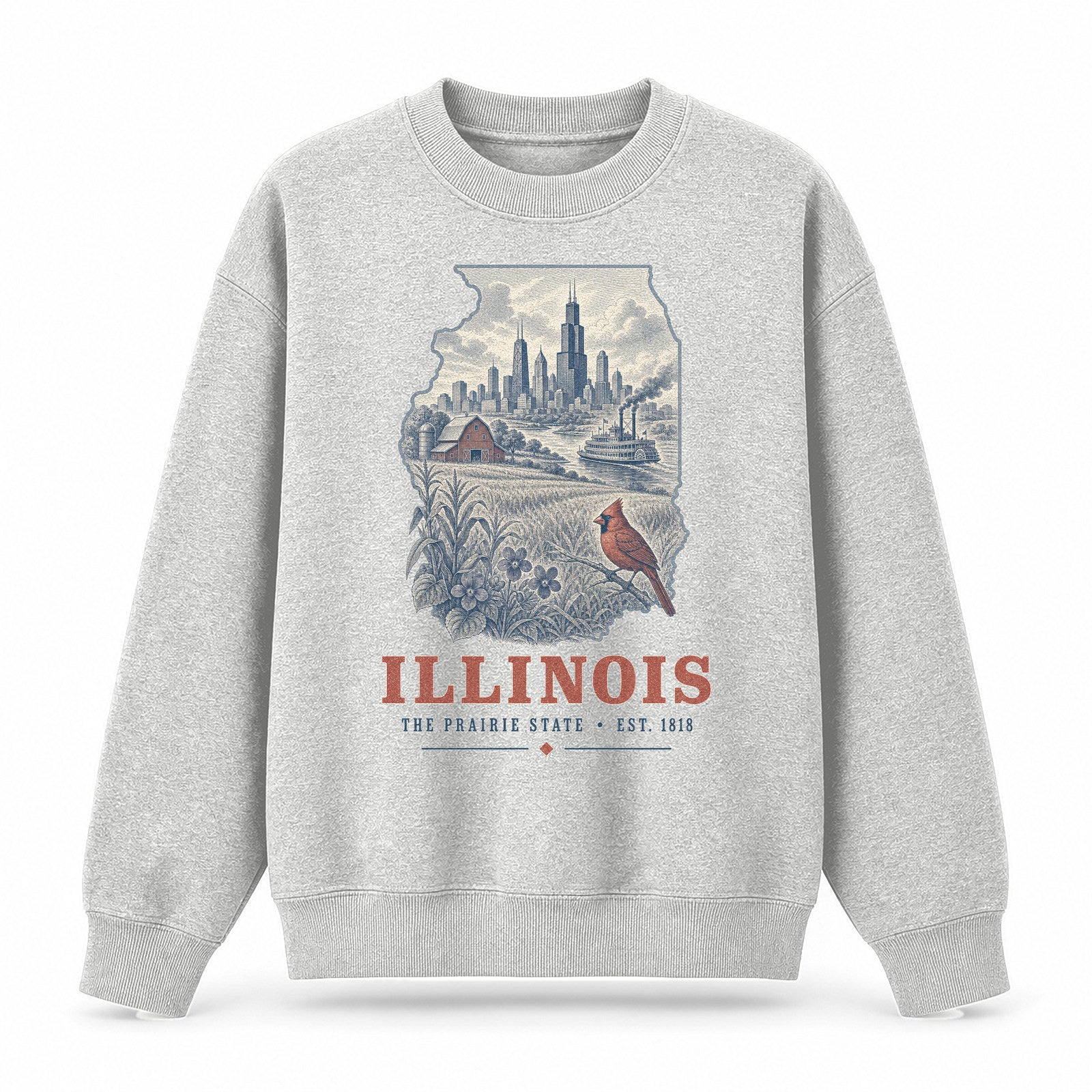 Vintage Illinois State Graphic Crewneck Sweatshirt in Light Gray, front view on a white background