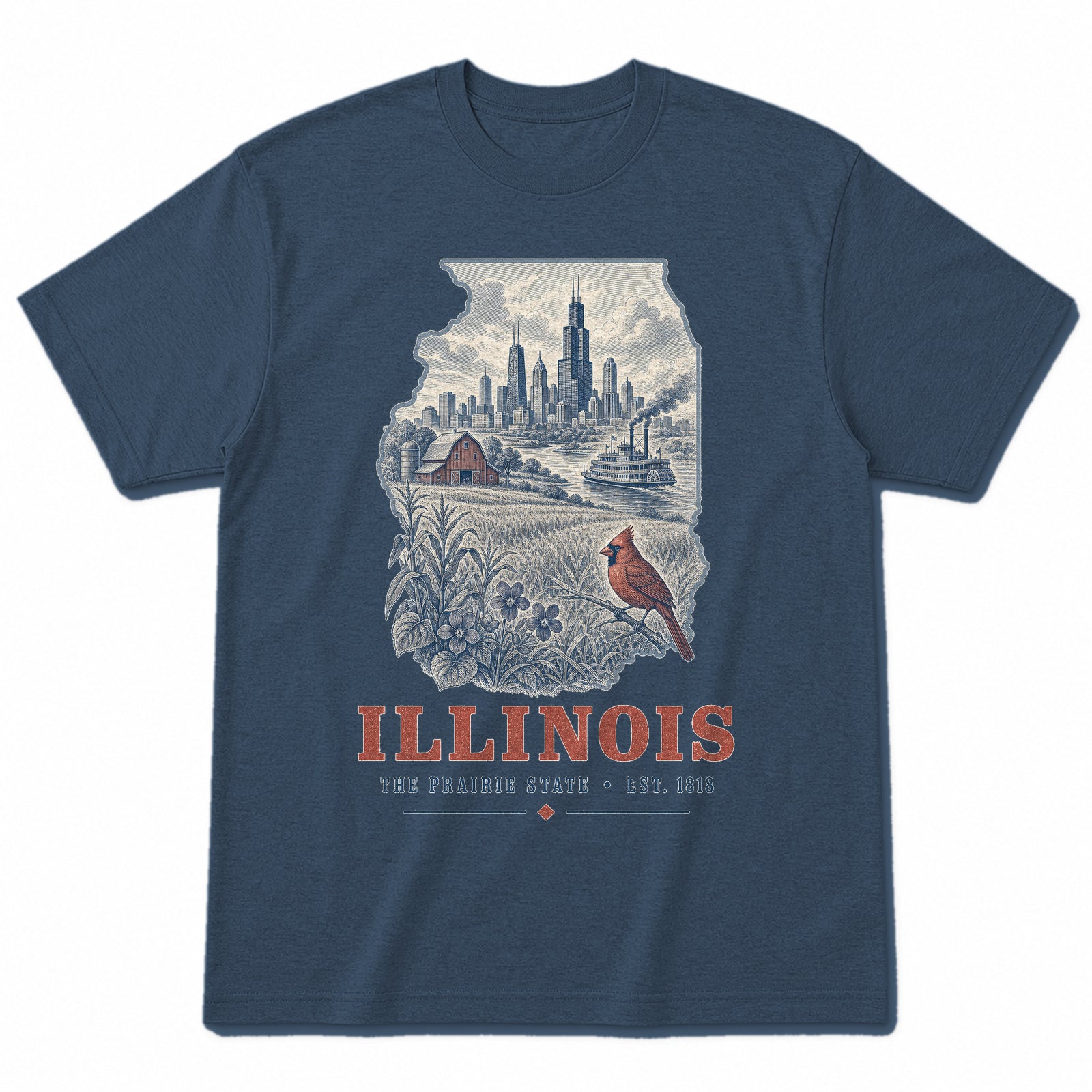 Vintage Illinois State Graphic T-Shirt in Washed Navy, front view on a white background