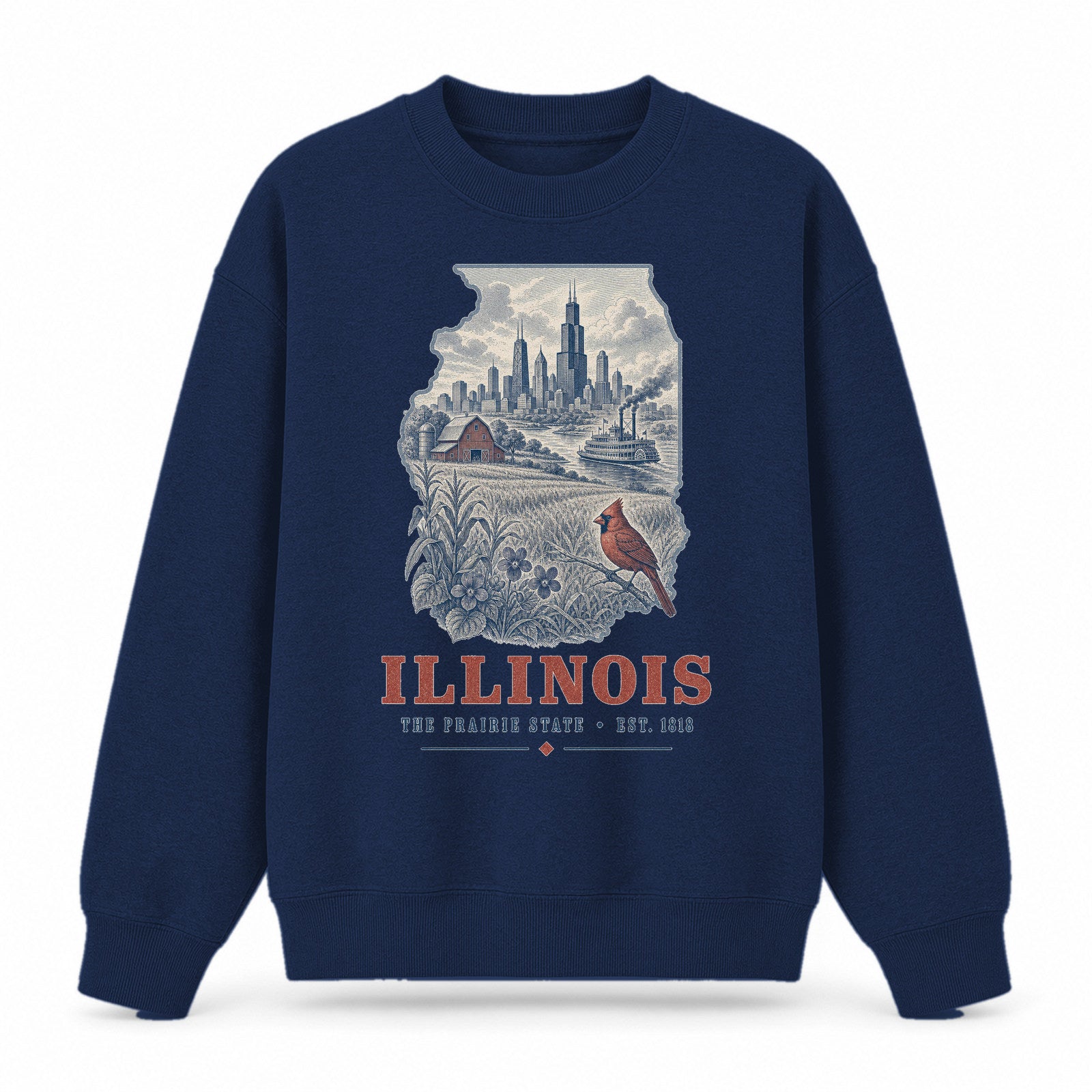 Vintage Illinois State Graphic Crewneck Sweatshirt in Navy, front view on a white background