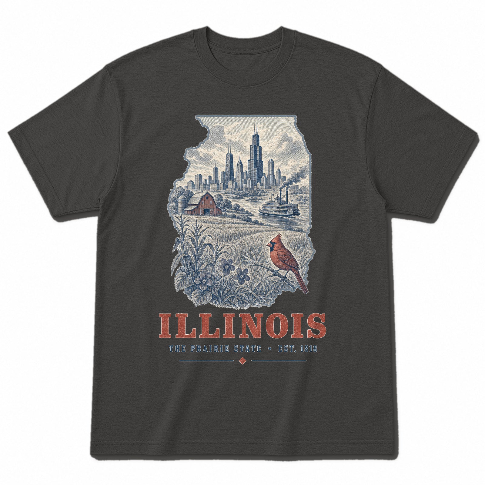 Vintage Illinois State Graphic T-Shirt in Vintage Charcoal, front view on a white background