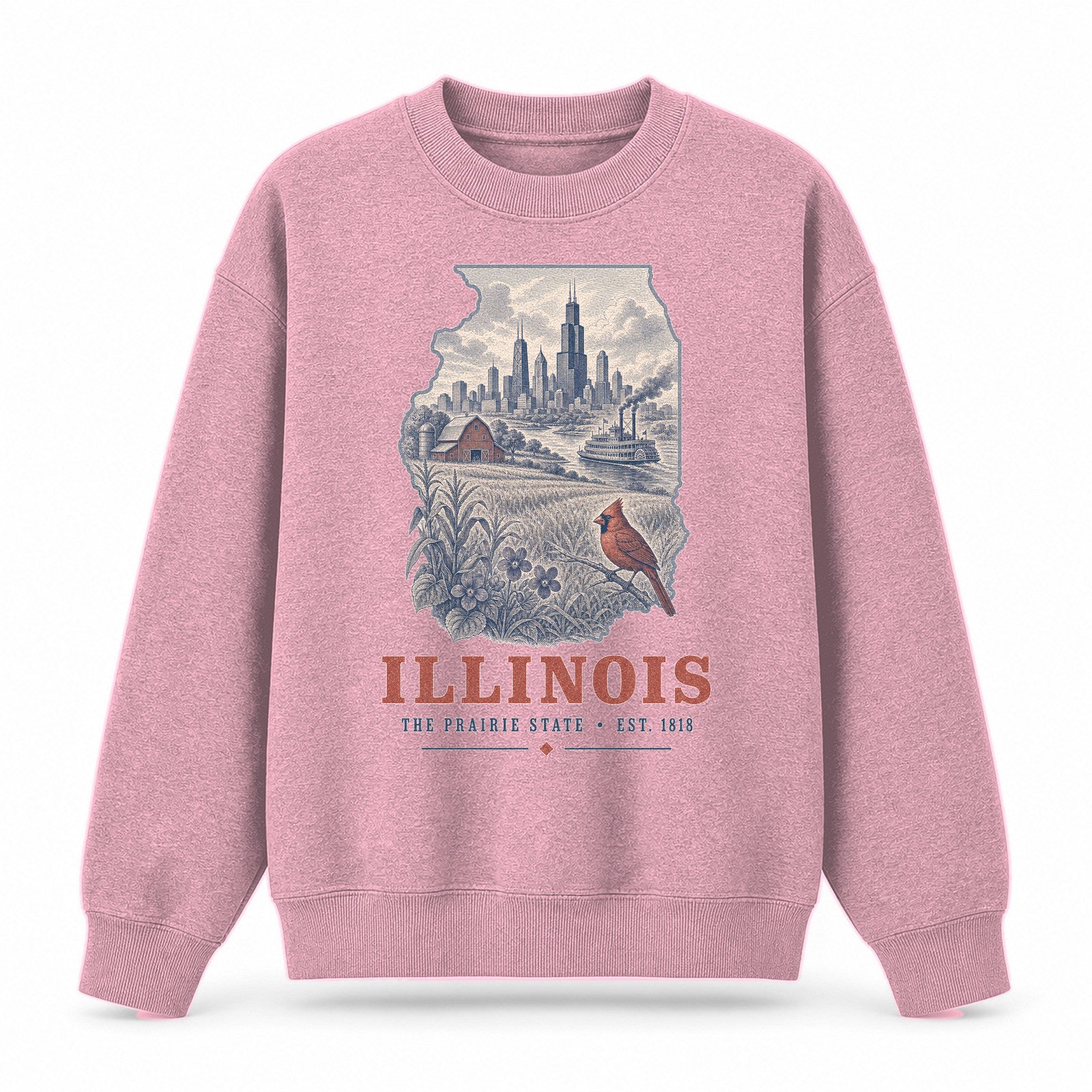 Vintage Illinois State Graphic Crewneck Sweatshirt in Pink, front view on a white background