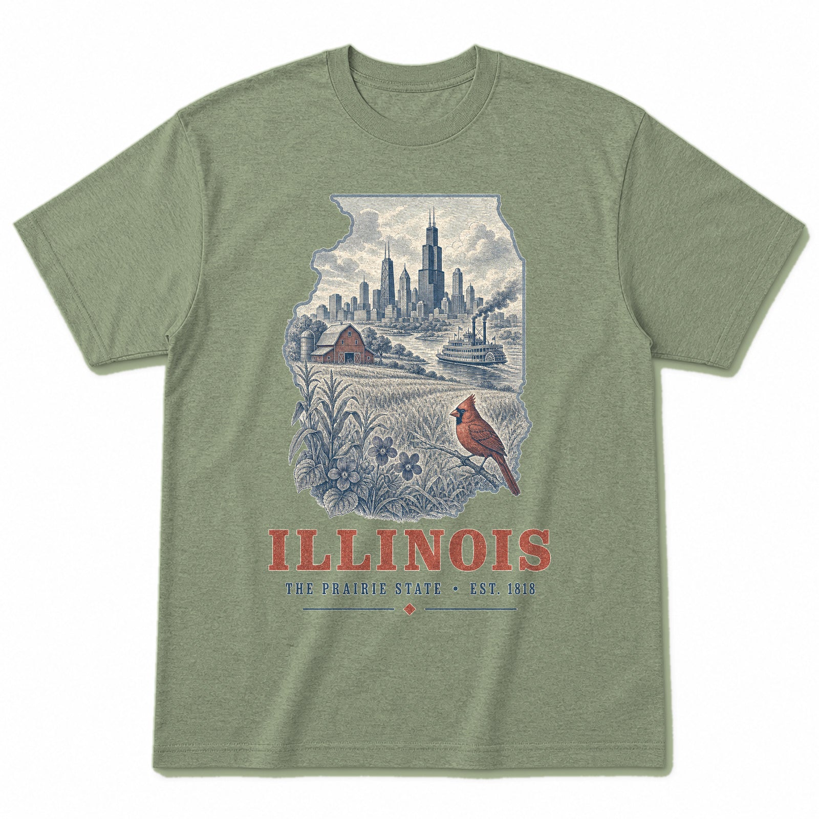 Vintage Illinois State Graphic T-Shirt in Light Sage Green, front view on a white background