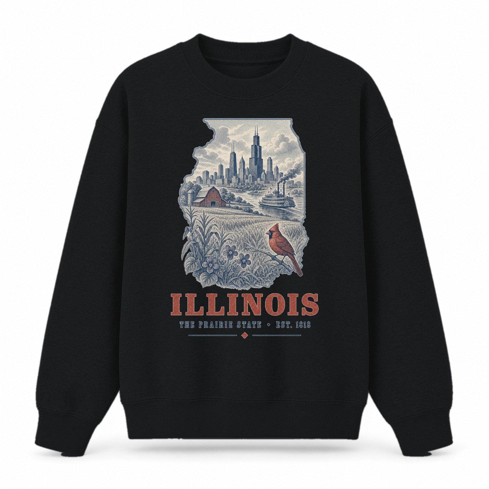 Vintage Illinois State Graphic Crewneck Sweatshirt in Black, front view on a white background