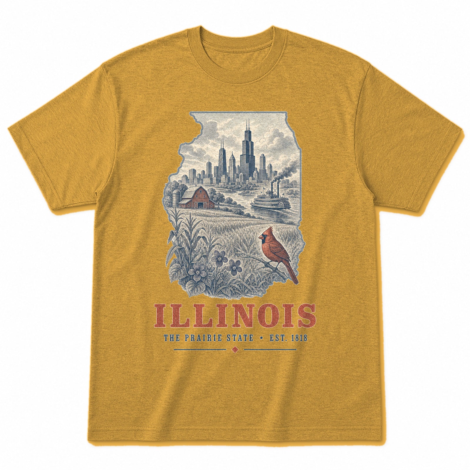Vintage Illinois State Graphic T-Shirt in Vintage Mustard Yellow, front view on a white background