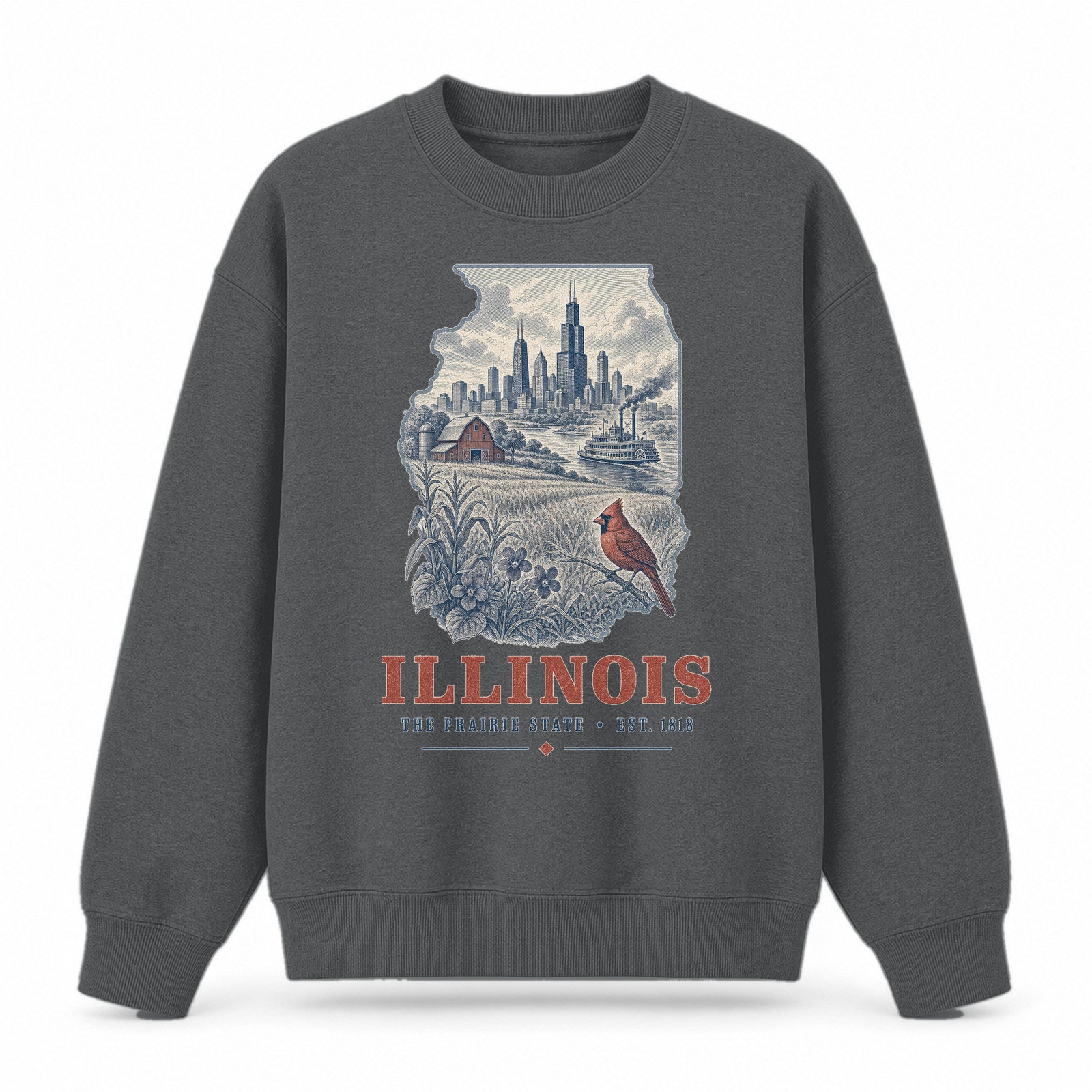Vintage Illinois State Graphic Crewneck Sweatshirt in Dark Gray, front view on a white background