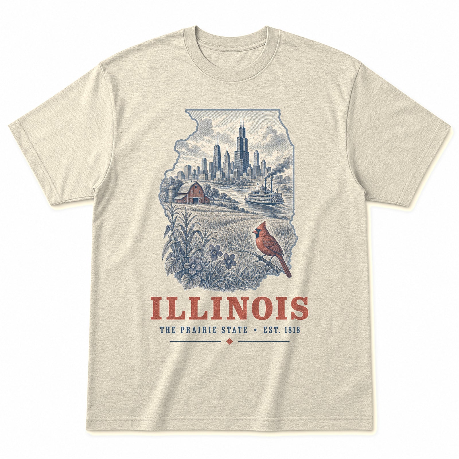 Vintage Illinois State Graphic T-Shirt in Natural Cream, front view on a white background