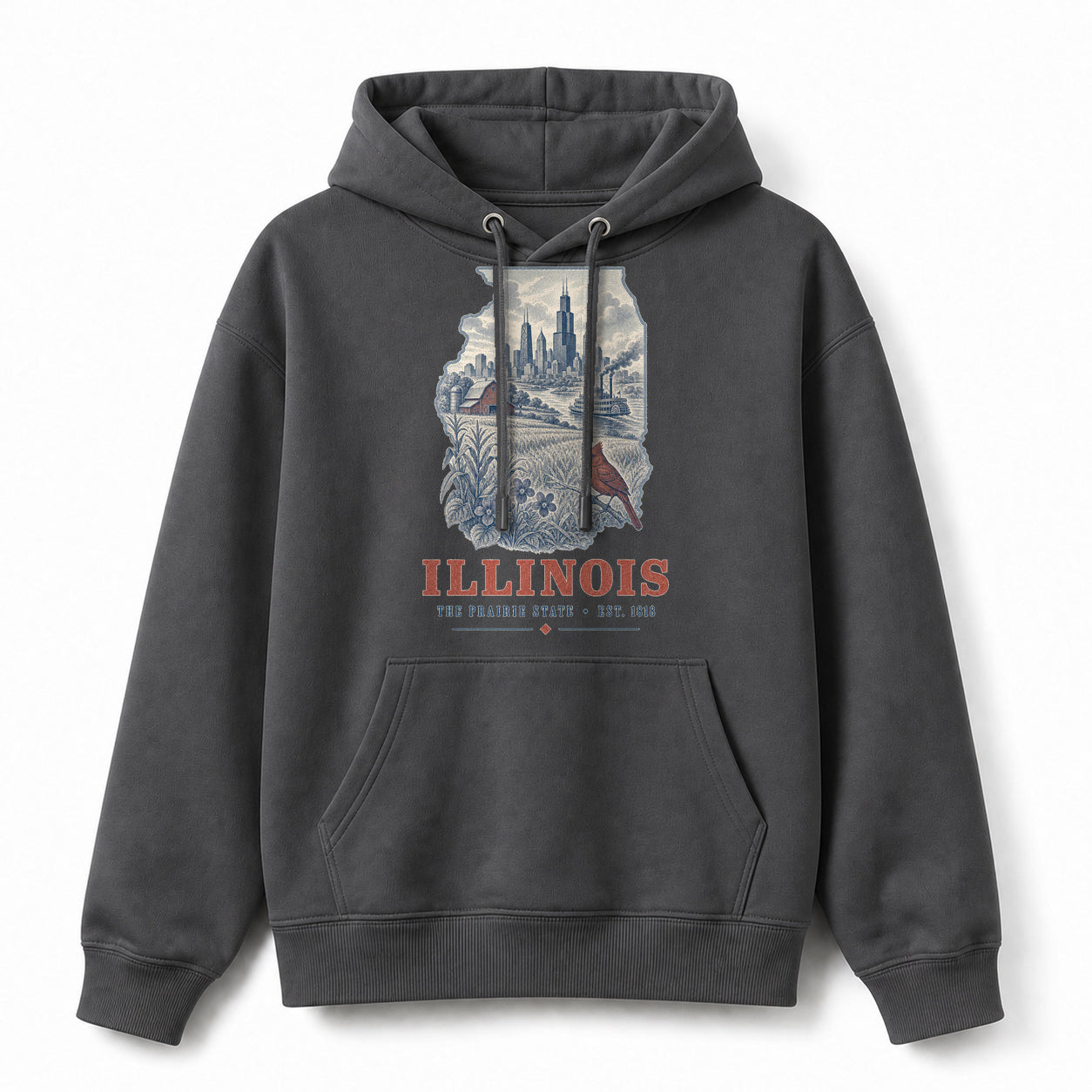 Vintage Illinois State Graphic Pullover Hoodie in Dark Gray, front view on a white background