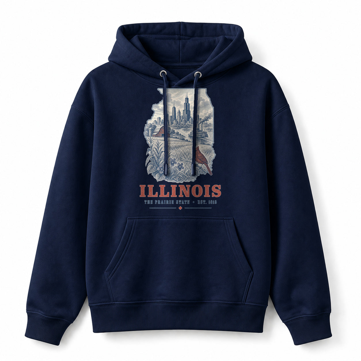 Vintage Illinois State Graphic Pullover Hoodie in Navy, front view on a white background
