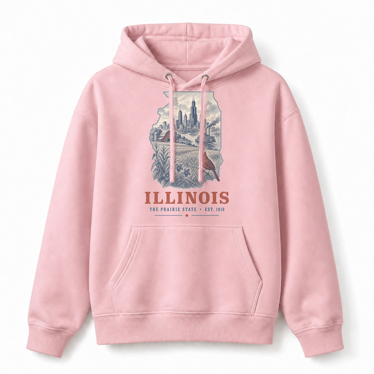 Vintage Illinois State Graphic Pullover Hoodie in Light Pink, front view on a white background