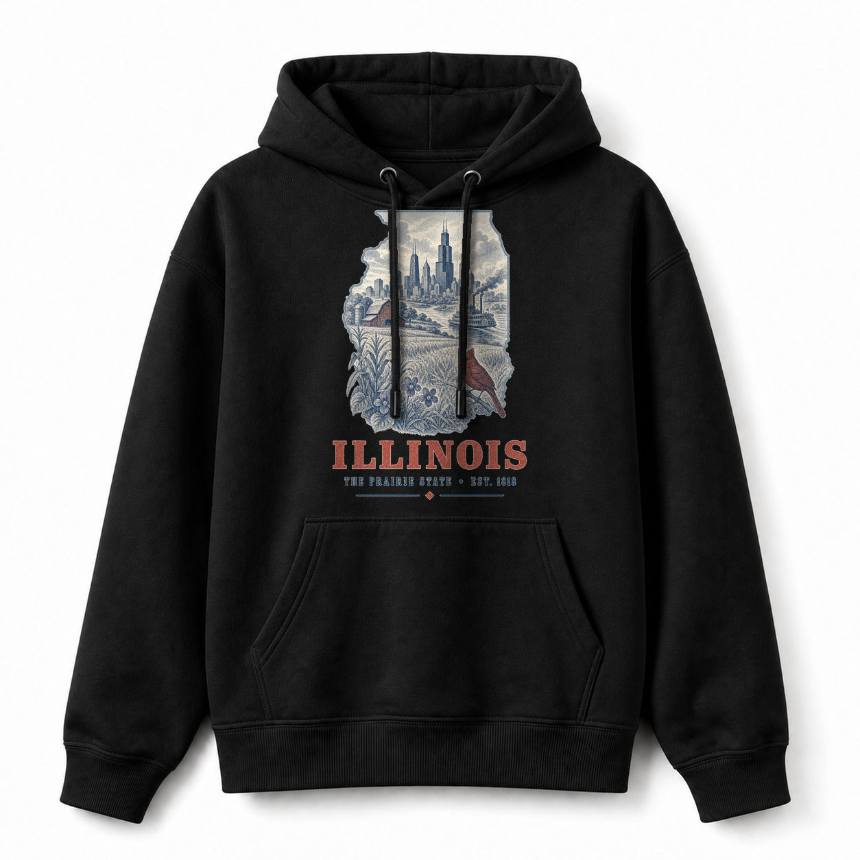Vintage Illinois State Graphic Pullover Hoodie in Black, front view on a white background