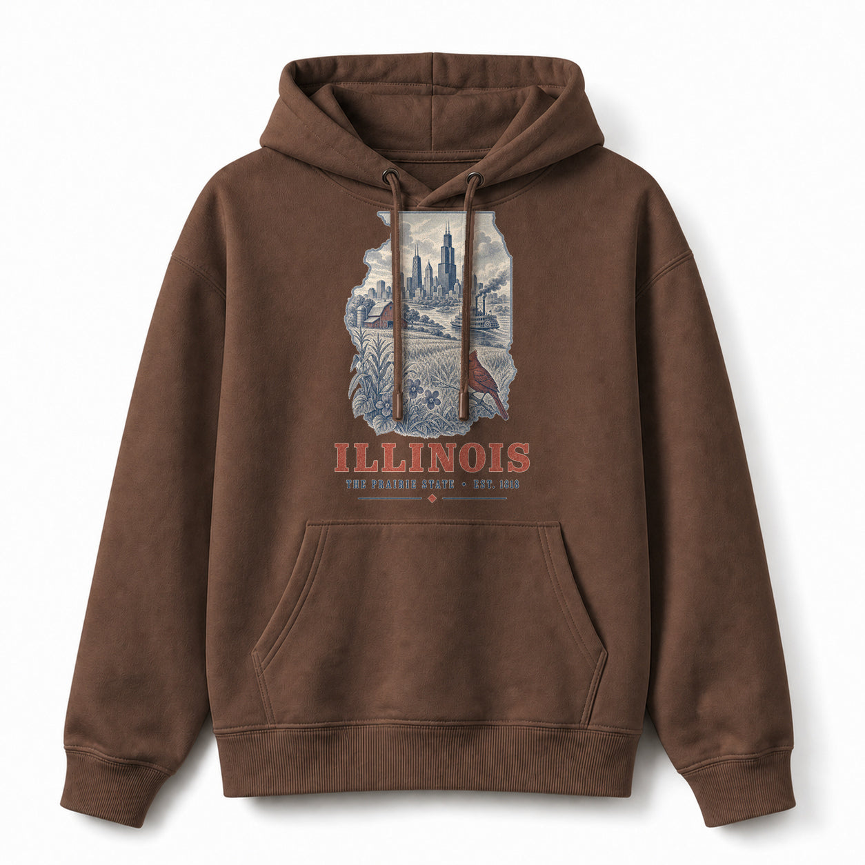 Vintage Illinois State Graphic Pullover Hoodie in Coffee Brown, front view on a white background