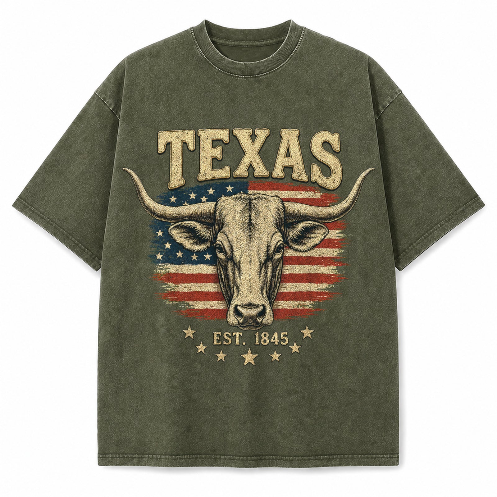 Texas Longhorn Portrait vintage washed heavyweight T-shirt in Military Green