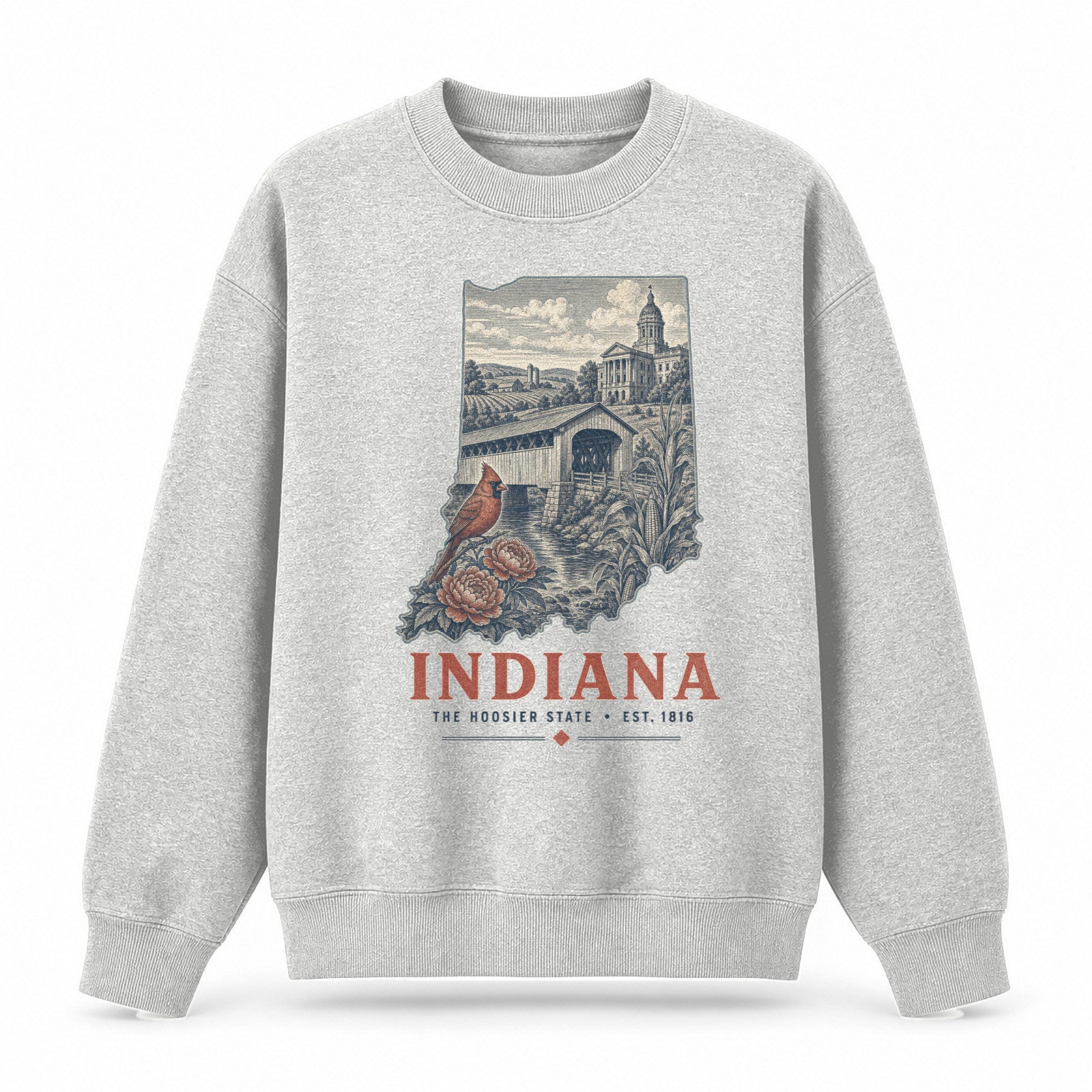 Vintage Indiana State Graphic Crewneck Sweatshirt in Light Gray, front view on a white background