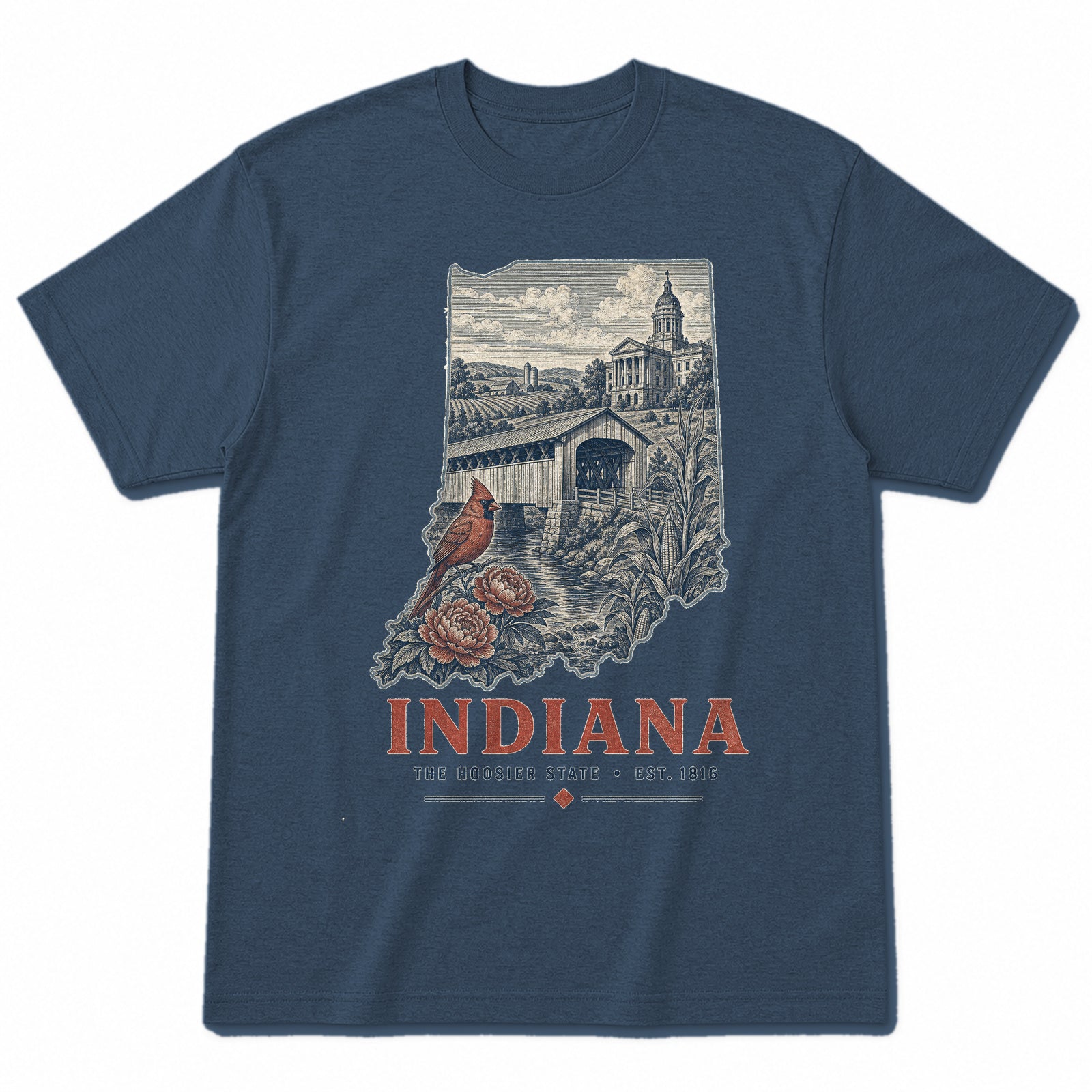 Vintage Indiana State Graphic T-Shirt in Washed Navy, front view on a white background