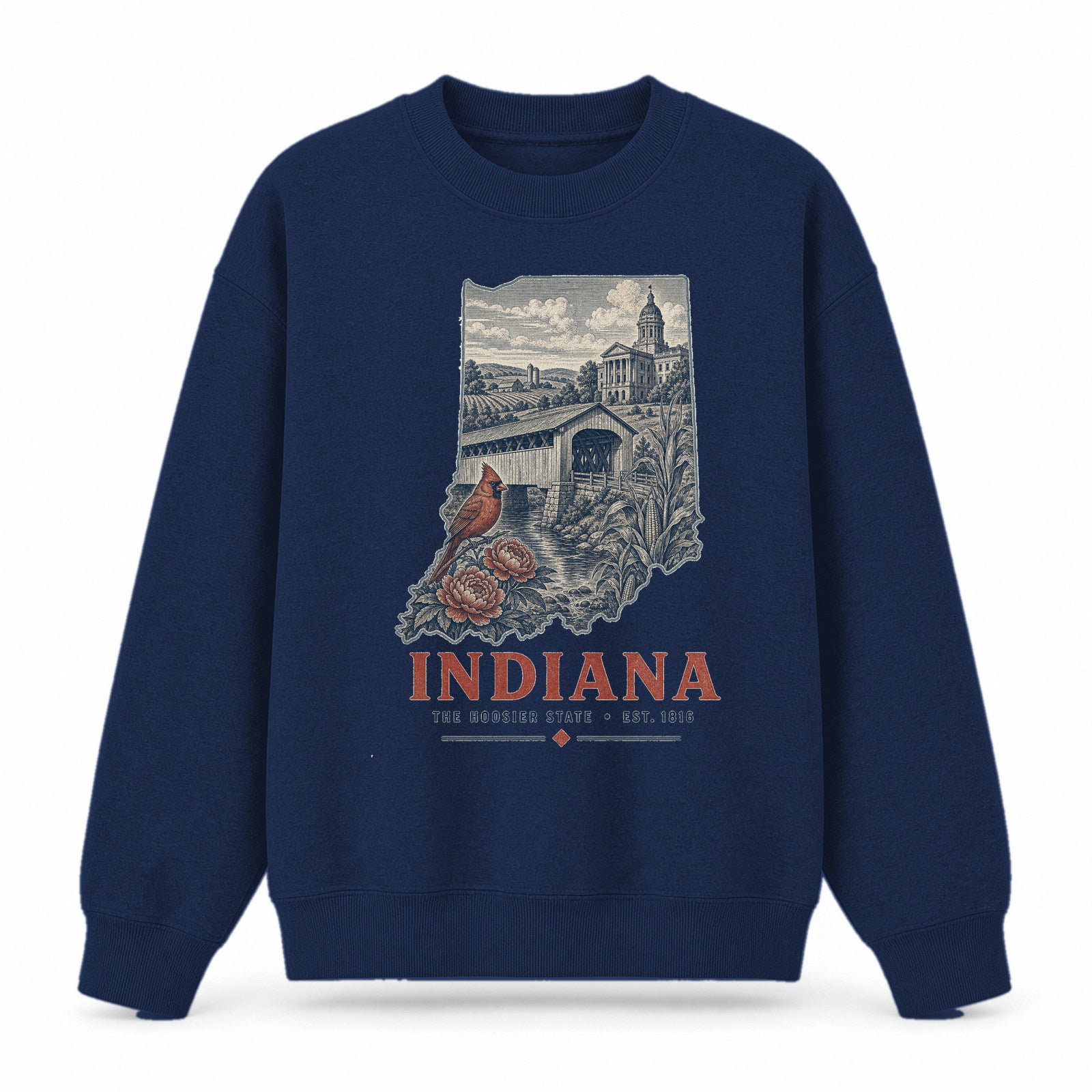 Vintage Indiana State Graphic Crewneck Sweatshirt in Navy, front view on a white background