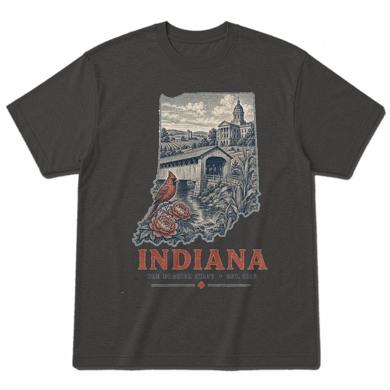 Vintage Indiana State Graphic T-Shirt in Vintage Charcoal, front view on a white background