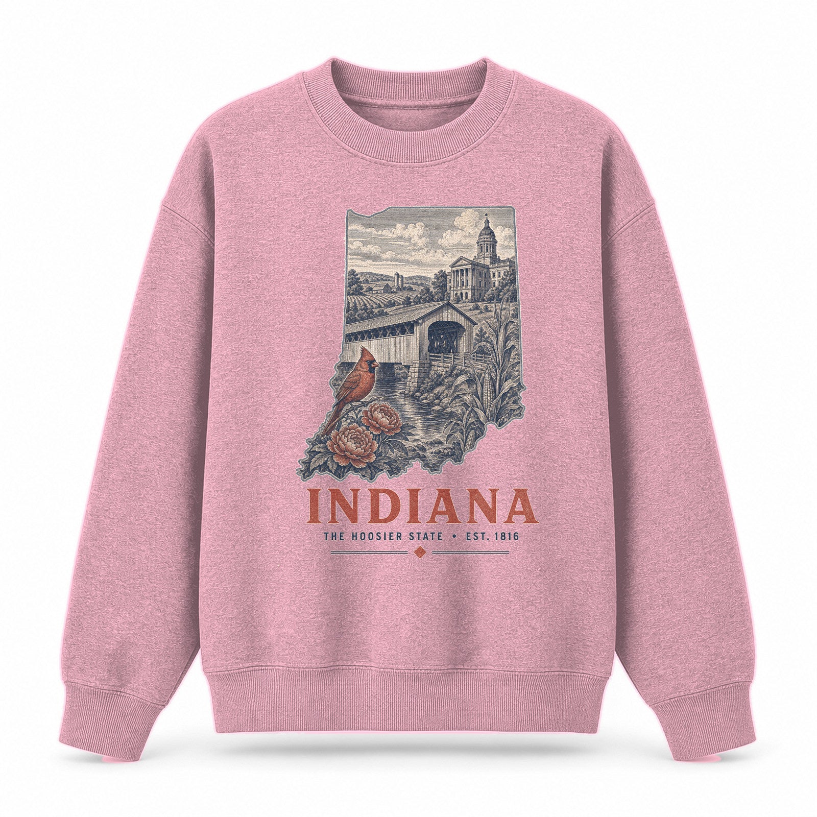 Vintage Indiana State Graphic Crewneck Sweatshirt in Pink, front view on a white background
